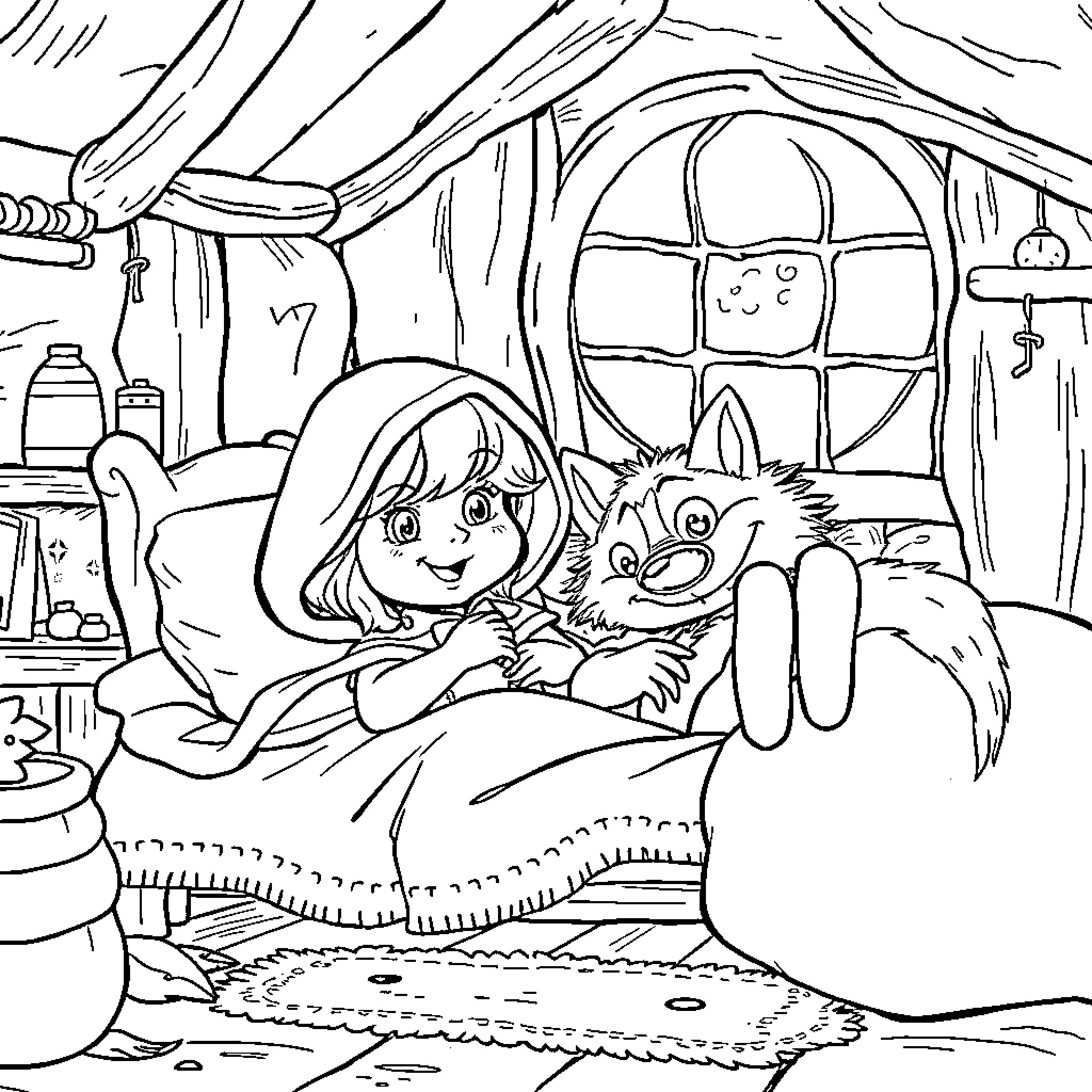 Little Red Riding Hood relaxing with her pet wolf Coloring Page (free black-and-white line drawing printable PDF for all, from beginners to advanced learners, including children, teens, adults, and seniors)