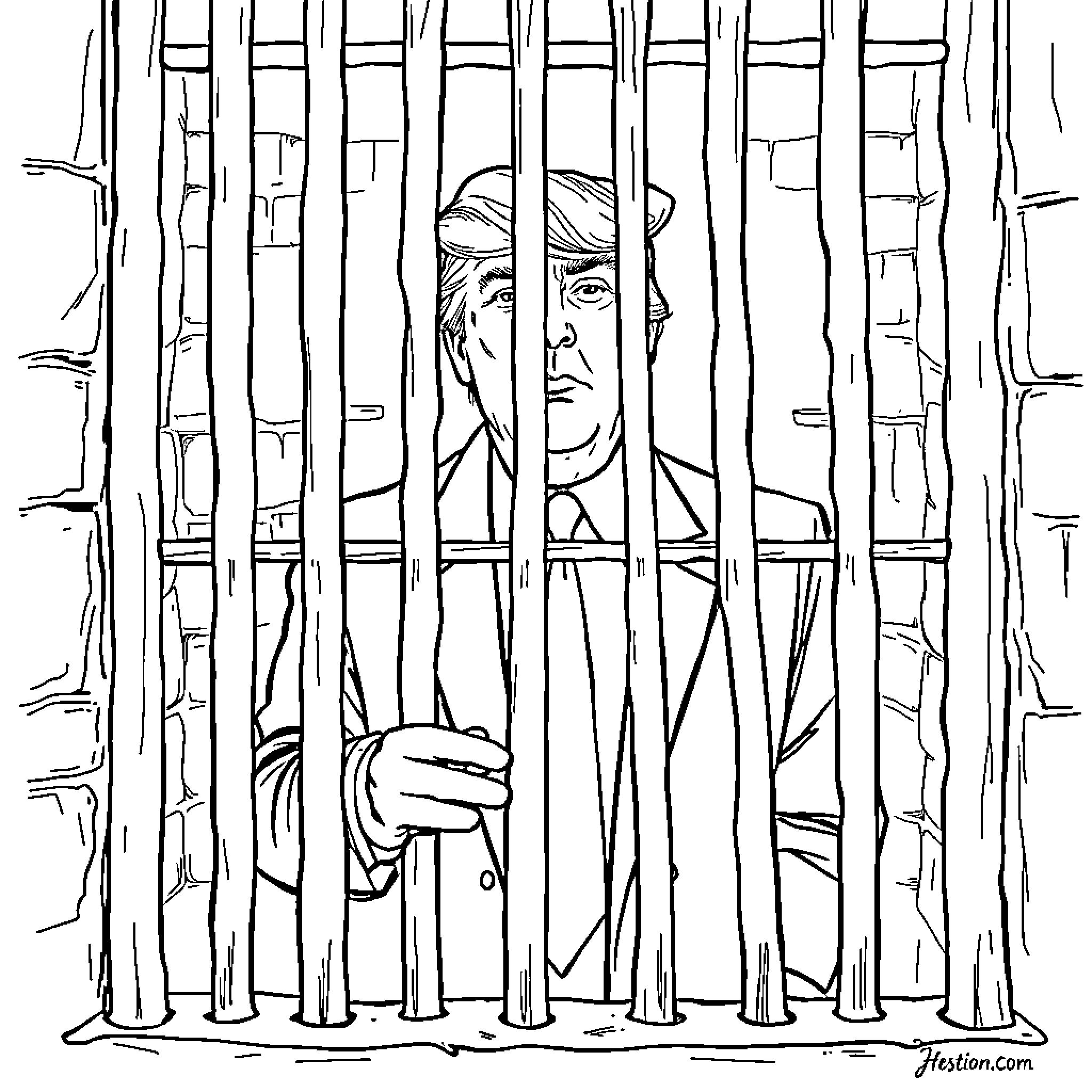 Trump behind Bars in Captivity Coloring Page (free black-and-white line drawing printable PDF for all, from beginners to advanced learners, including children, teens, adults, and seniors)