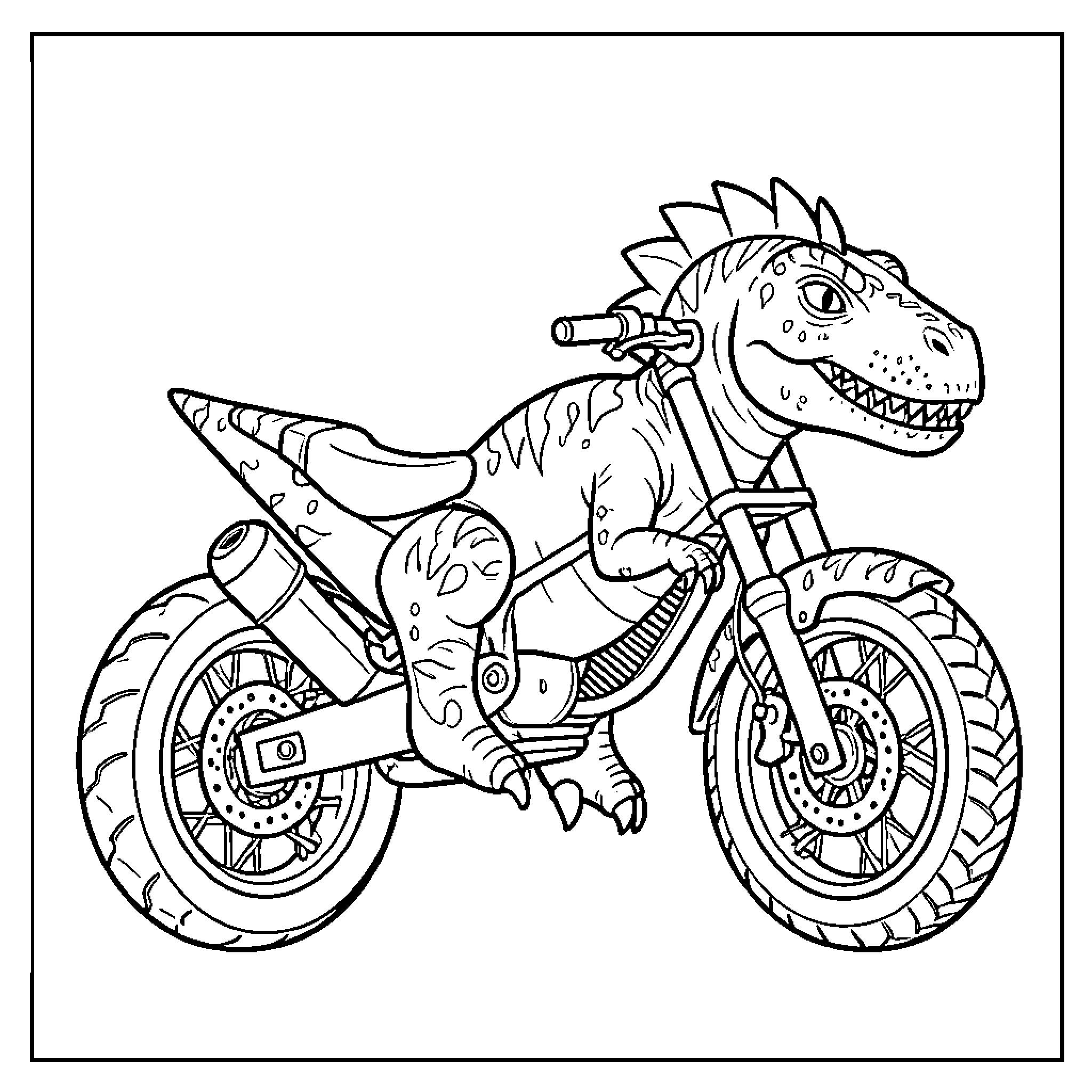 Dinosaur Motorcycle riding with a joyful expression Coloring Page (free black-and-white line drawing printable PDF for all, from beginners to advanced learners, including children, teens, adults, and seniors)