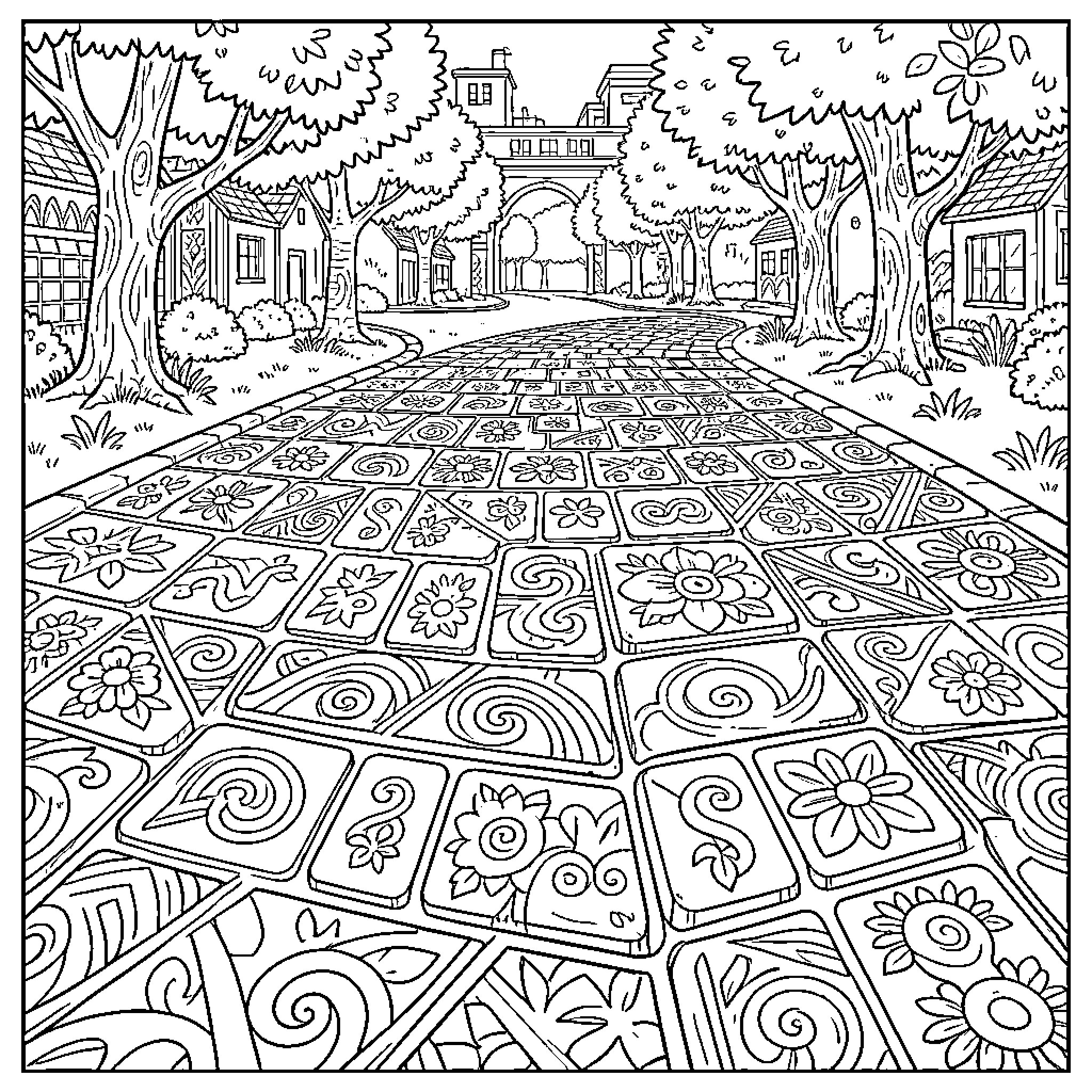 Pave a path with intricate floral patterns Coloring Page (free black-and-white line drawing printable PDF for all, from beginners to advanced learners, including children, teens, adults, and seniors)