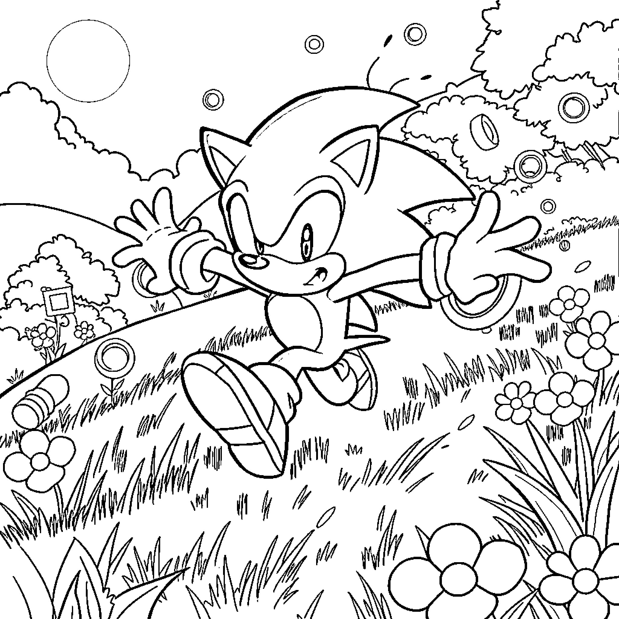 Sonic enjoying a playful outdoor adventure Coloring Page (free black-and-white line drawing printable PDF for all, from beginners to advanced learners, including children, teens, adults, and seniors)