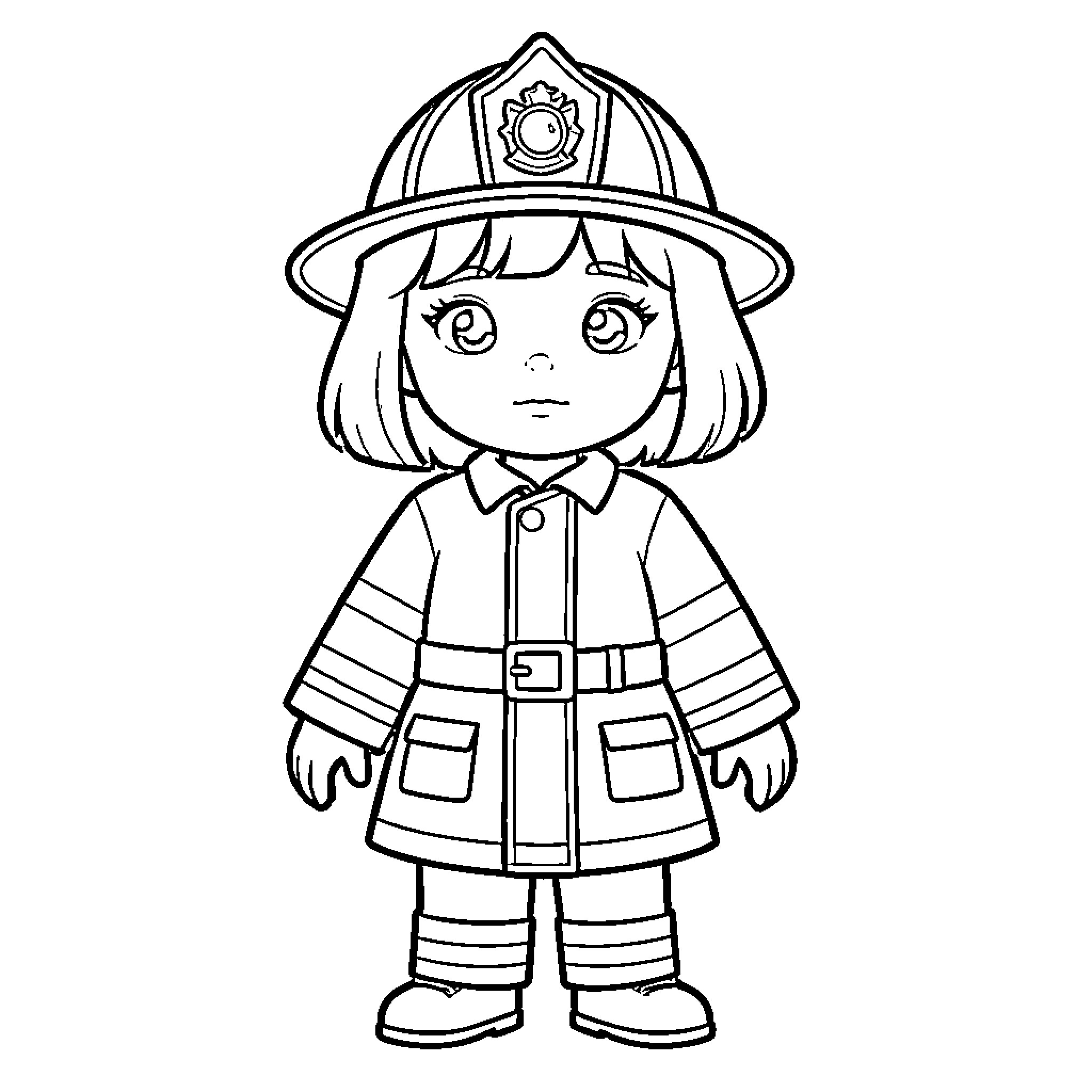 Firefighter standing bravely in full protective gear Coloring Page (free black-and-white line drawing printable PDF for all, from beginners to advanced learners, including children, teens, adults, and seniors)