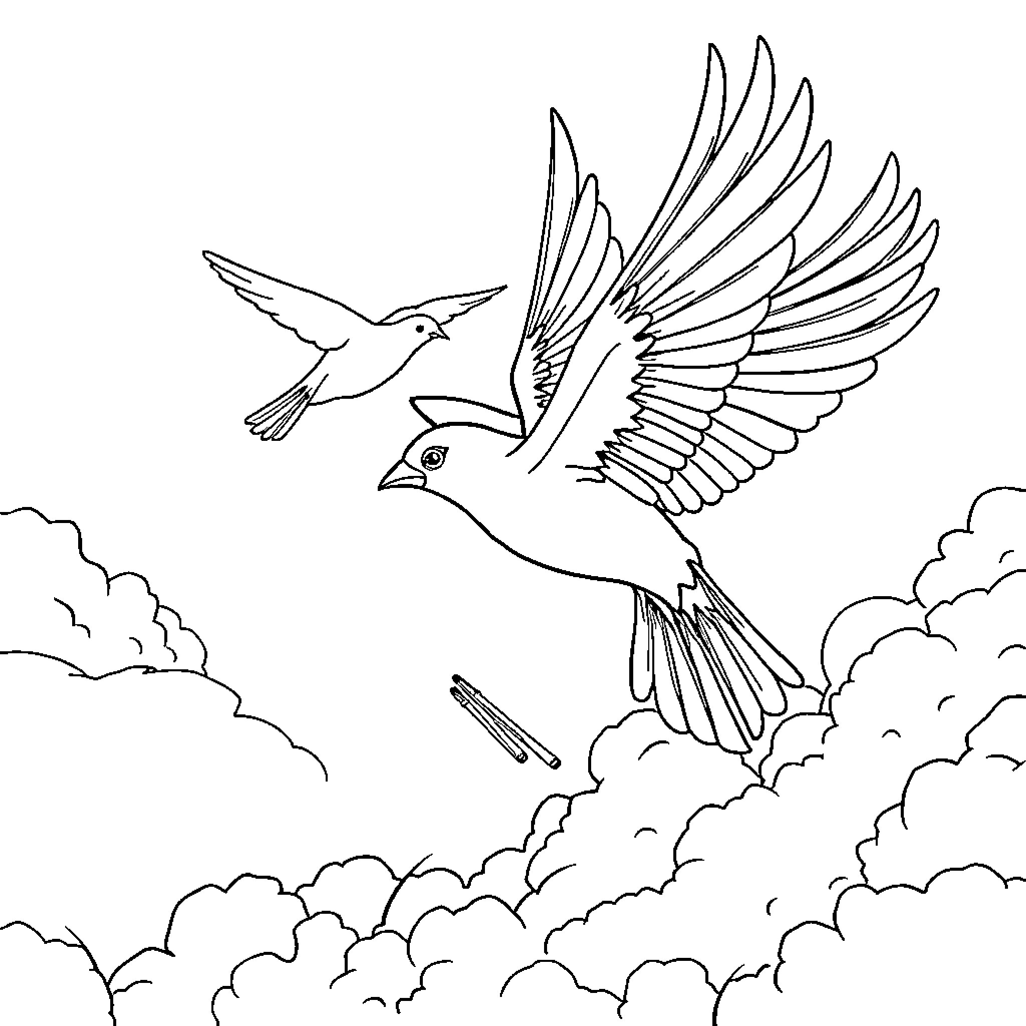 Birds soaring through the cloudy sky Coloring Page (free black-and-white line drawing printable PDF for all, from beginners to advanced learners, including children, teens, adults, and seniors)