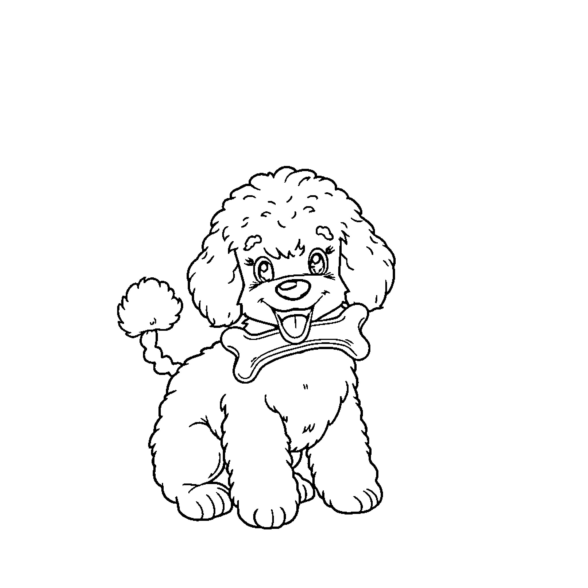 Poodle playing with chew toy happily Coloring Page (free black-and-white line drawing printable PDF for all, from beginners to advanced learners, including children, teens, adults, and seniors)