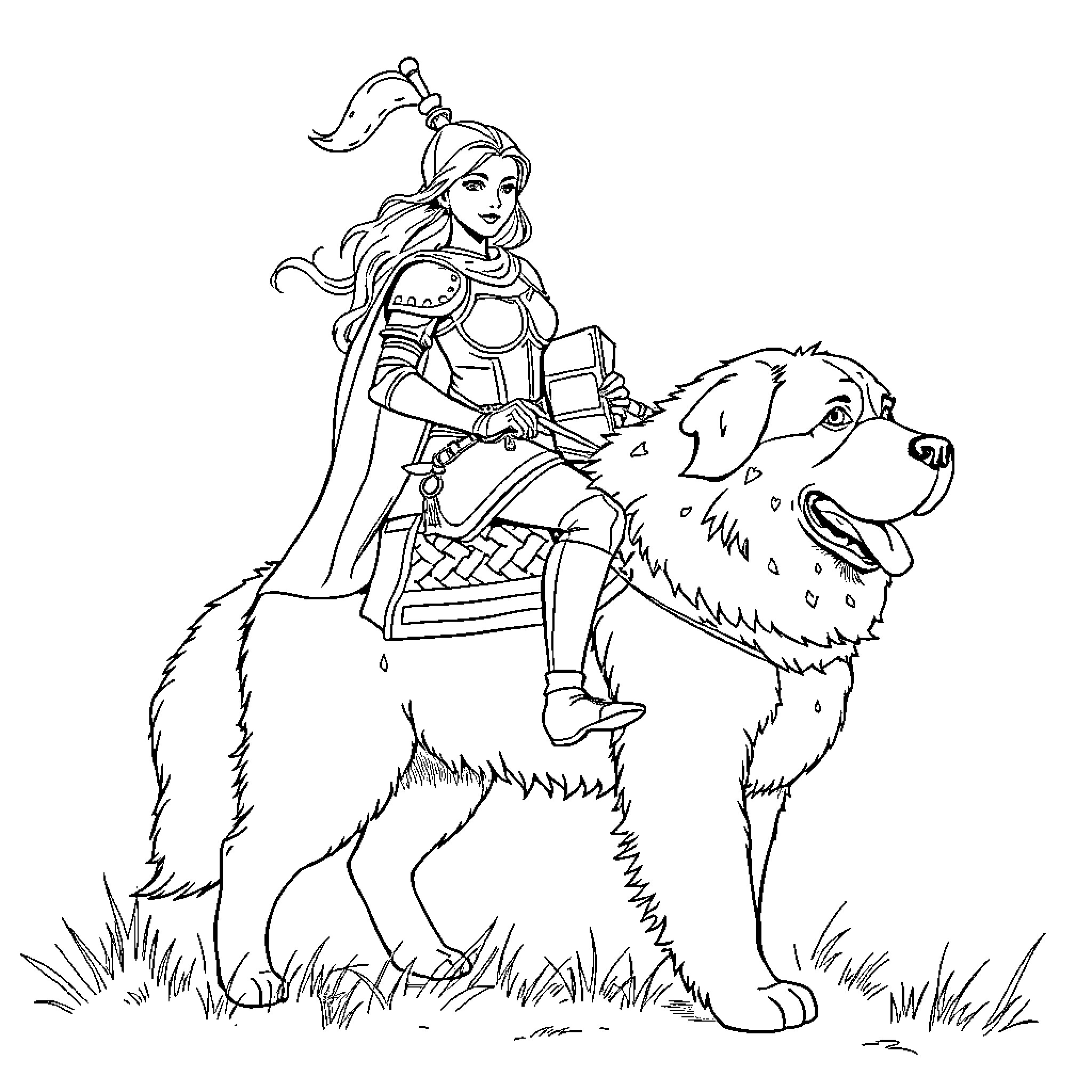 Wife riding on majestic canine companion Coloring Page (free black-and-white line drawing printable PDF for all, from beginners to advanced learners, including children, teens, adults, and seniors)