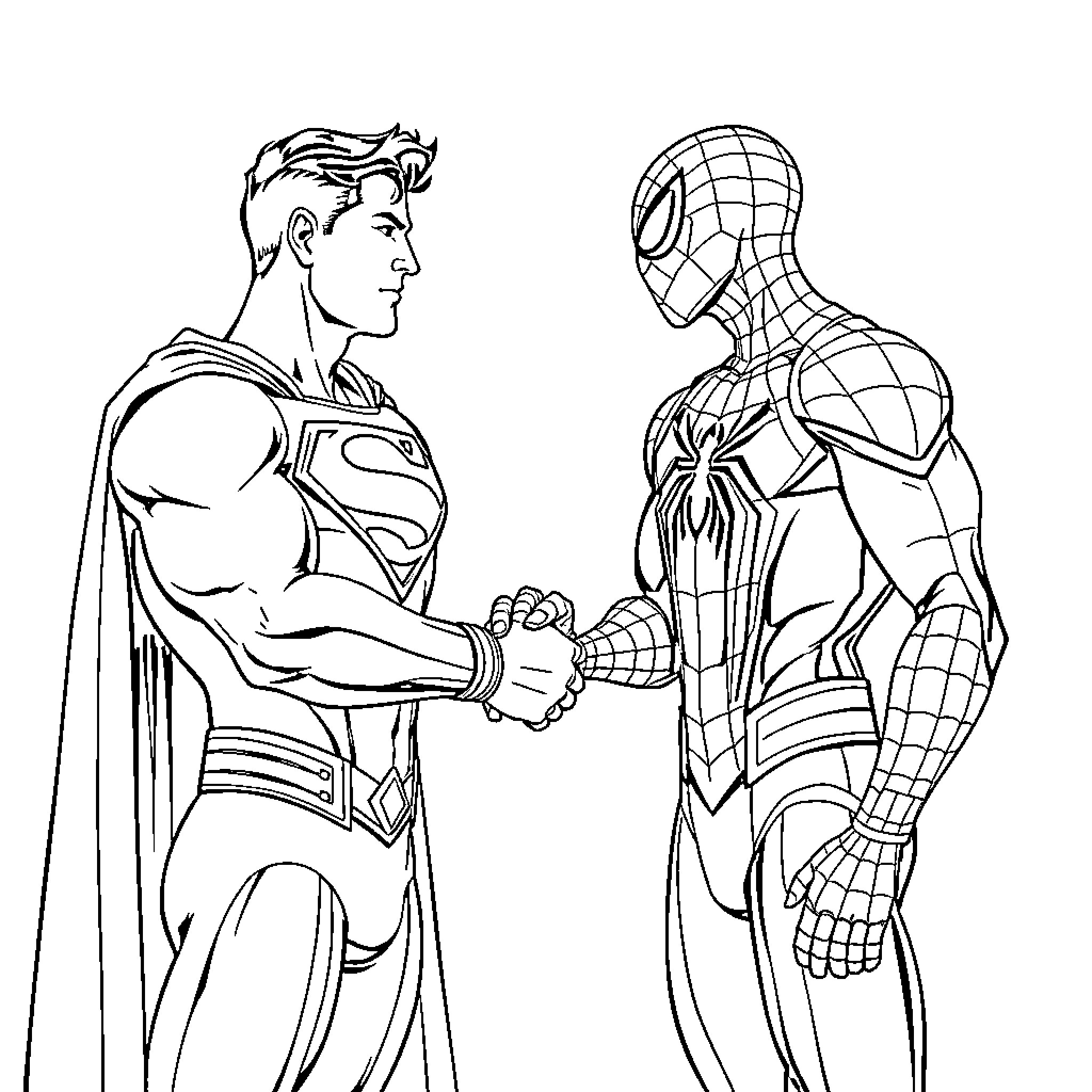 Superman and Spiderman Shaking Hands Coloring Page (free black-and-white line drawing printable PDF for all, from beginners to advanced learners, including children, teens, adults, and seniors)