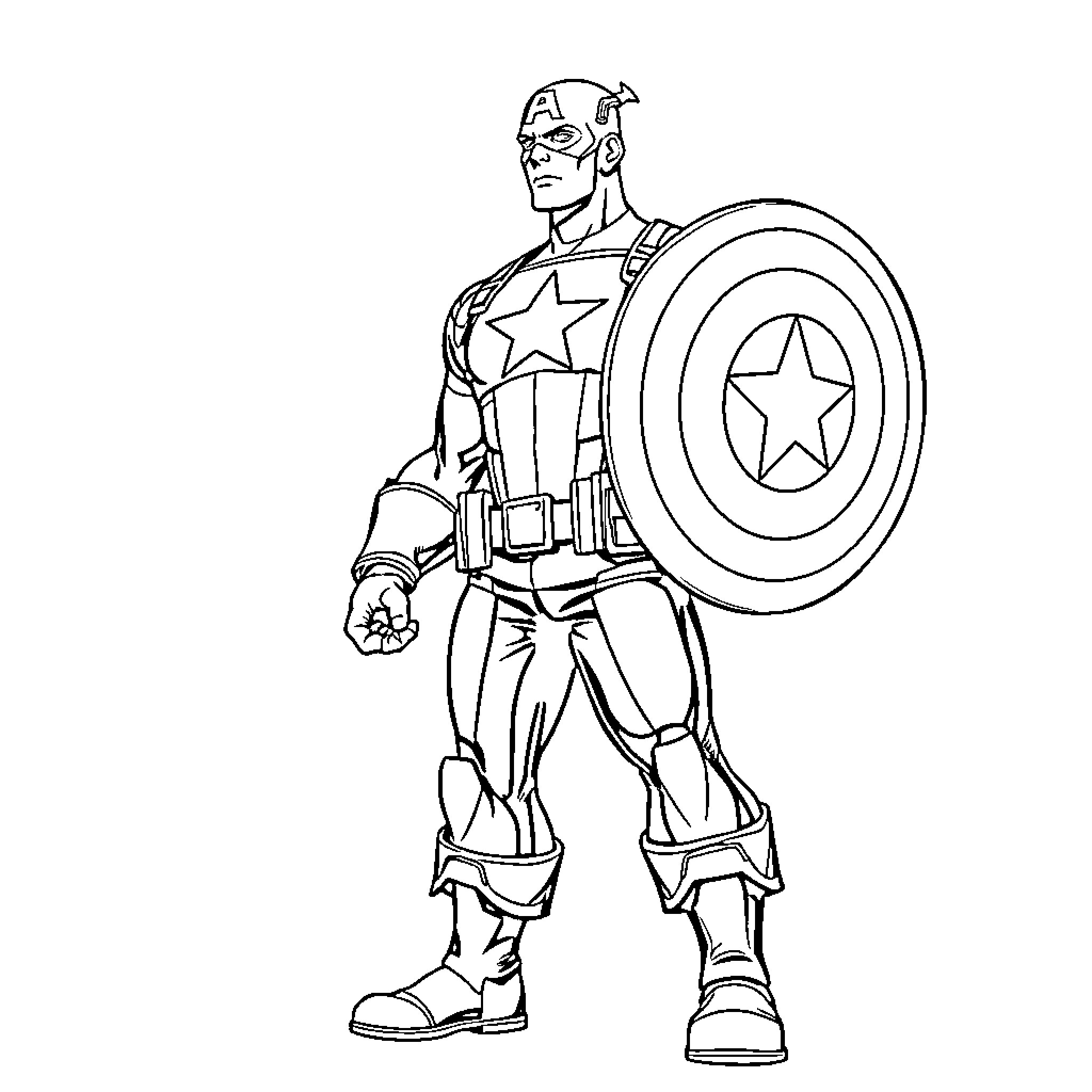 Captain America Heroically Stands with Shield Coloring Page (free black-and-white line drawing printable PDF for all, from beginners to advanced learners, including children, teens, adults, and seniors)