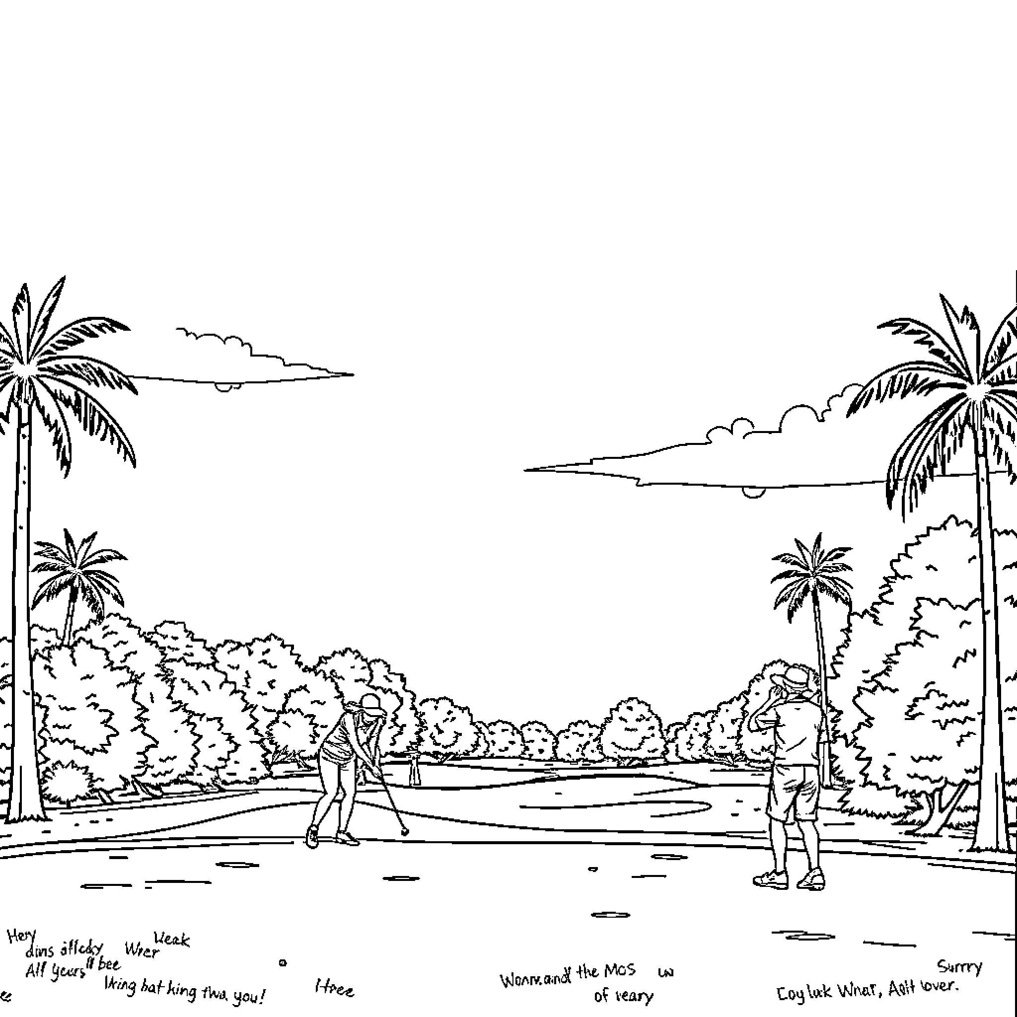 Golf game by the beach with palm trees Coloring Page (free black-and-white line drawing printable PDF for all, from beginners to advanced learners, including children, teens, adults, and seniors)