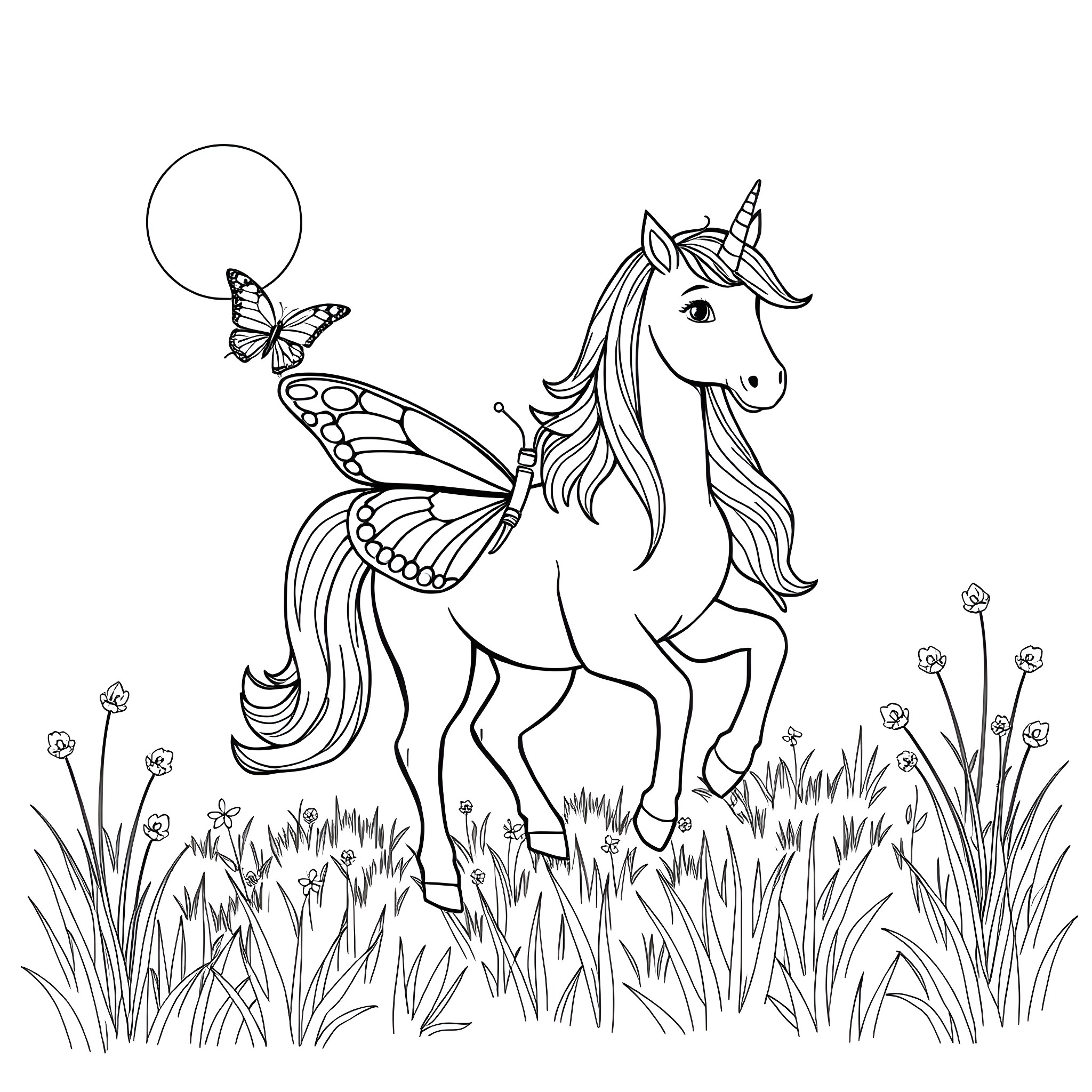 Butterfly Unicorn frolicking in the meadow Coloring Page (free black-and-white line drawing printable PDF for all, from beginners to advanced learners, including children, teens, adults, and seniors)