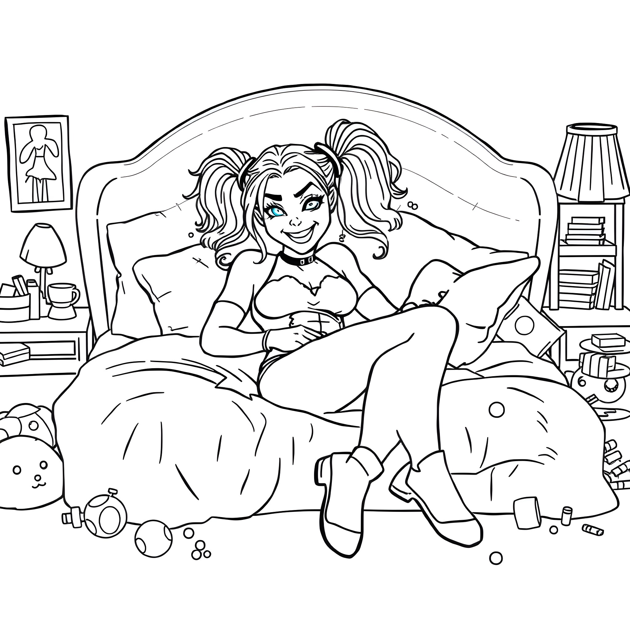 Harley Quinn resting in a messy bedroom Coloring Page (free black-and-white line drawing printable PDF for all, from beginners to advanced learners, including children, teens, adults, and seniors)