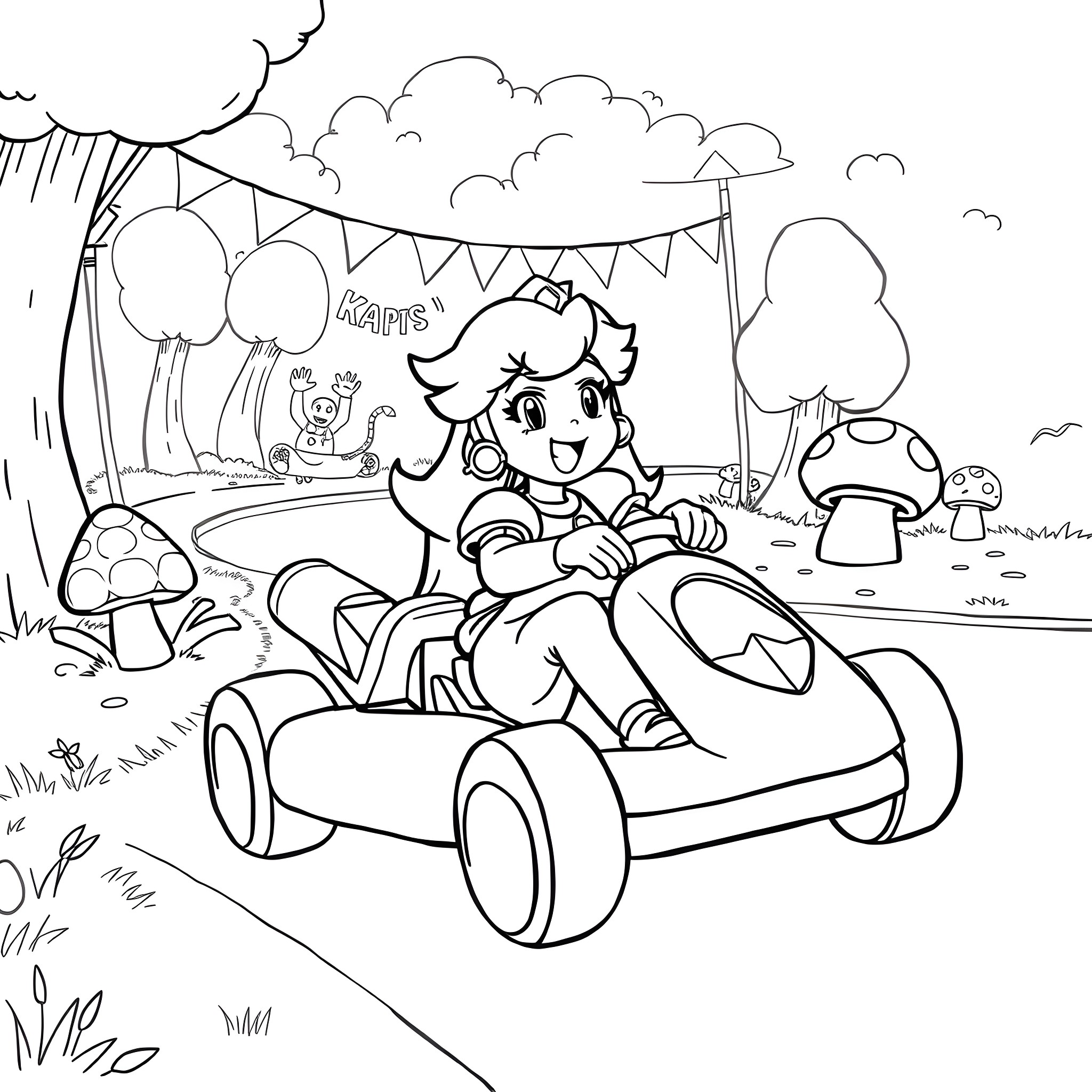 Princess Peach driving a go-kart in a whimsical forest Coloring Page (free black-and-white line drawing printable PDF for all, from beginners to advanced learners, including children, teens, adults, and seniors)