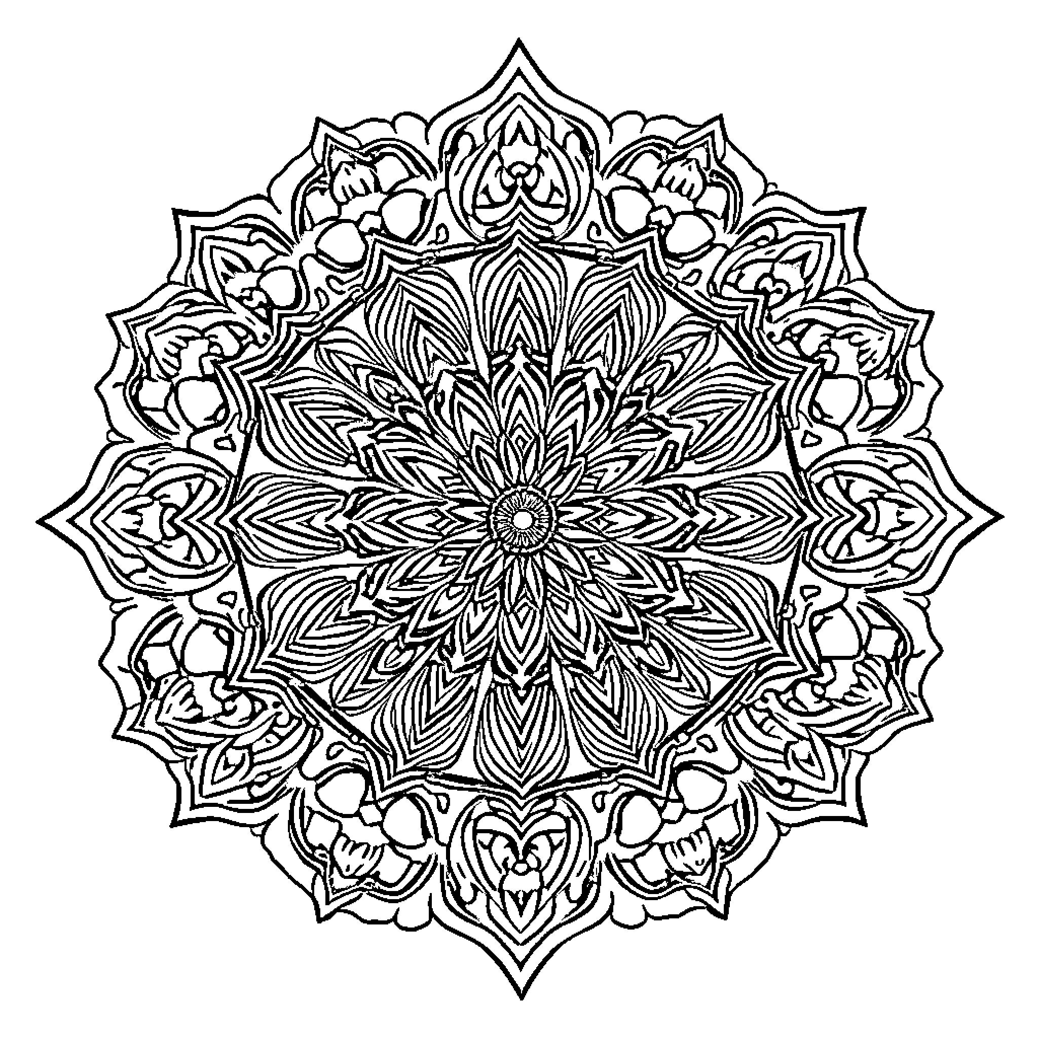 Mandala of intricate floral patterns and symmetry Coloring Page (free black-and-white line drawing printable PDF for all, from beginners to advanced learners, including children, teens, adults, and seniors)