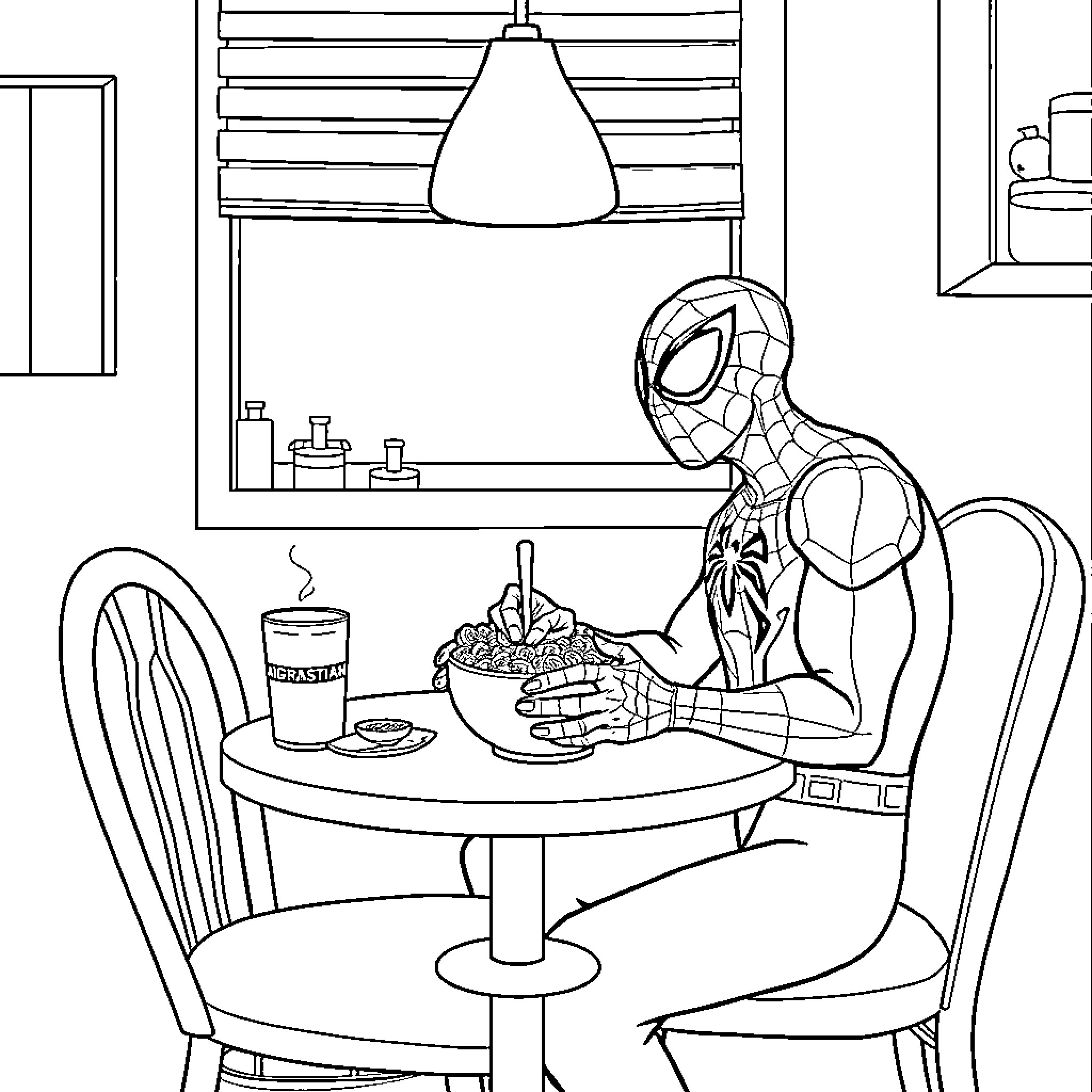 Spiderman enjoying a meal in a cozy room Coloring Page (free black-and-white line drawing printable PDF for all, from beginners to advanced learners, including children, teens, adults, and seniors)