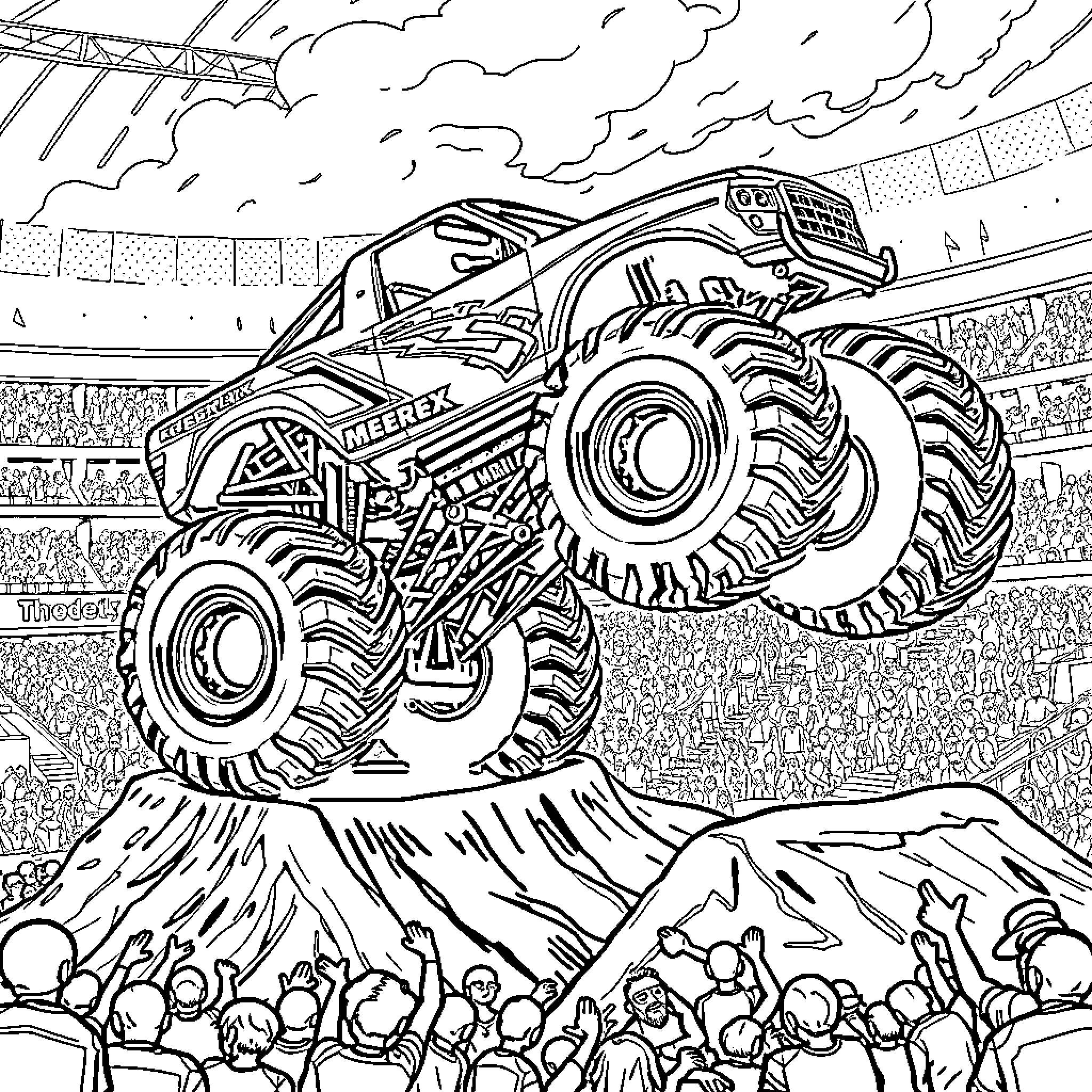 Monster Truck Performing Spectacular Stunts for Cheering Crowd Coloring Page (free black-and-white line drawing printable PDF for all, from beginners to advanced learners, including children, teens, adults, and seniors)