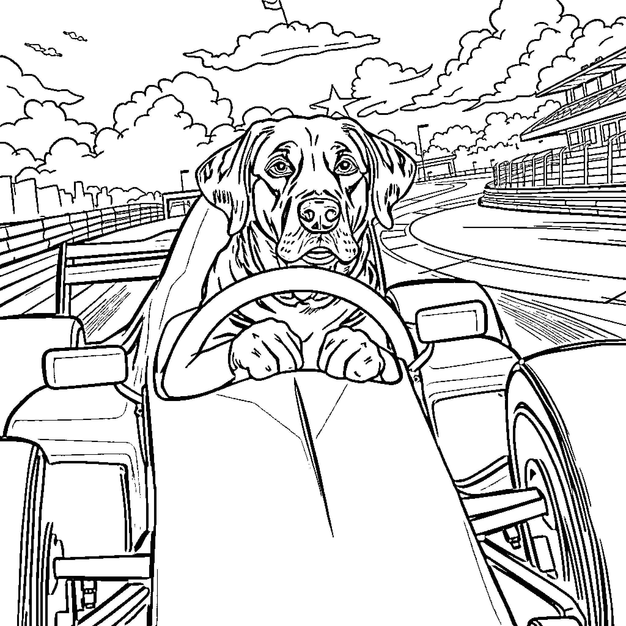 Labrador driving a car with city in the background Coloring Page (free black-and-white line drawing printable PDF for all, from beginners to advanced learners, including children, teens, adults, and seniors)