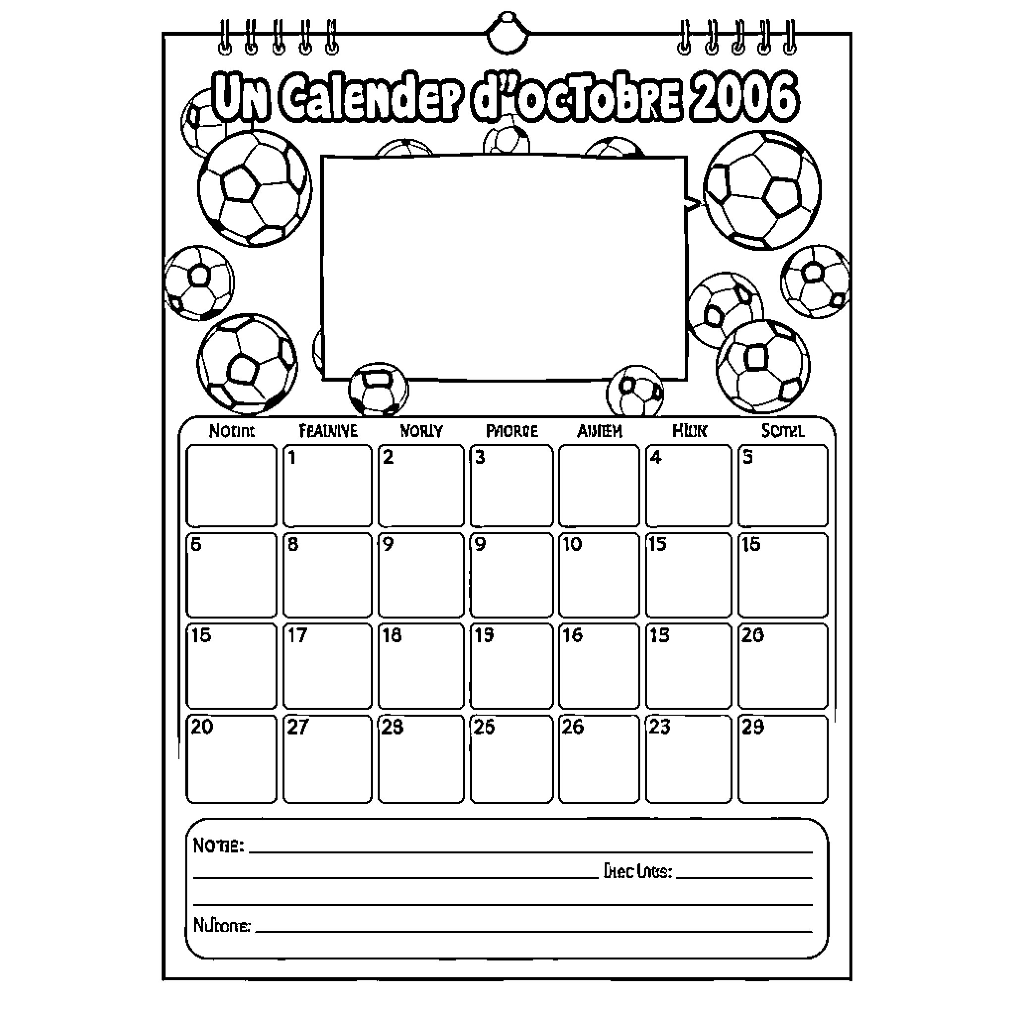 Calendar featuring soccer balls and blank date grids Coloring Page (free black-and-white line drawing printable PDF for all, from beginners to advanced learners, including children, teens, adults, and seniors)