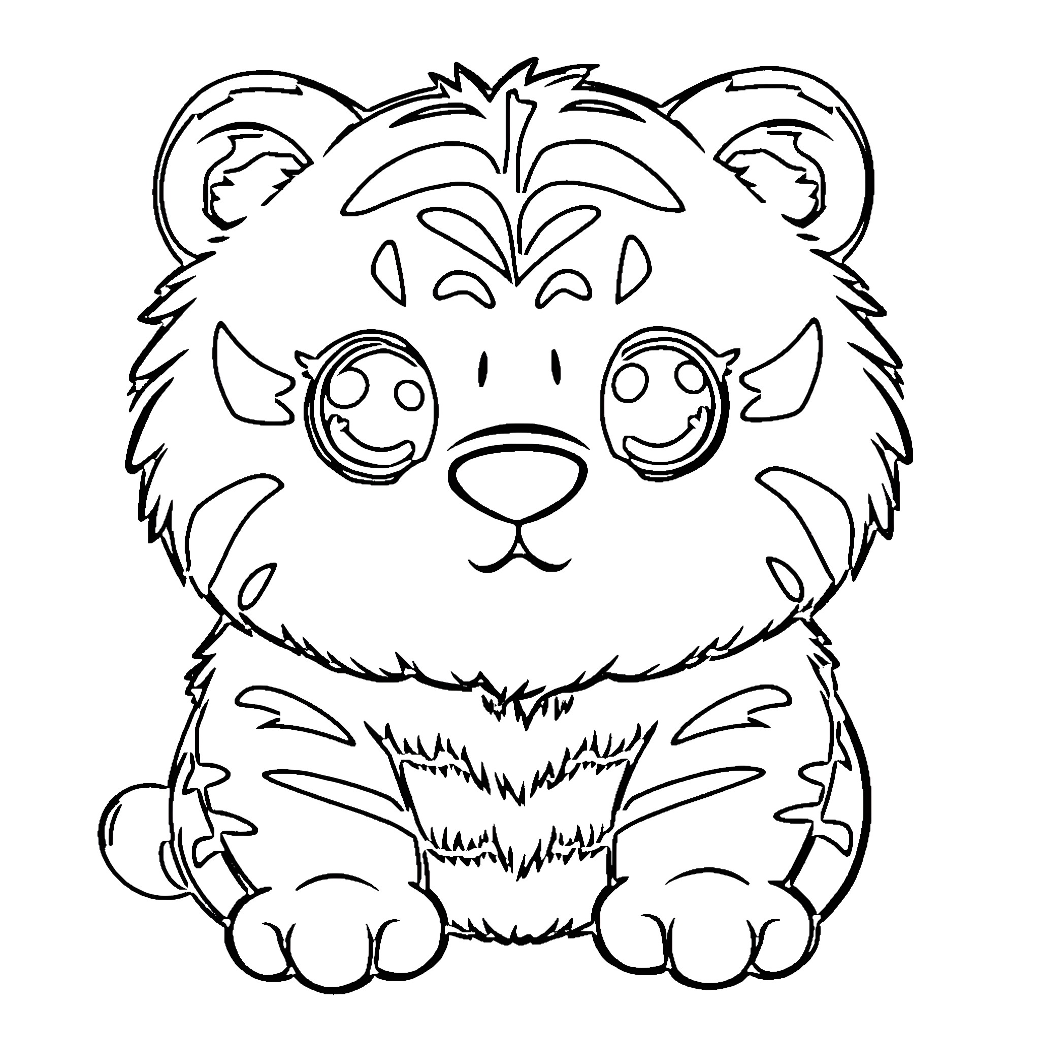 Tiger Cub Sitting Playfully Coloring Page (free black-and-white line drawing printable PDF for all, from beginners to advanced learners, including children, teens, adults, and seniors)