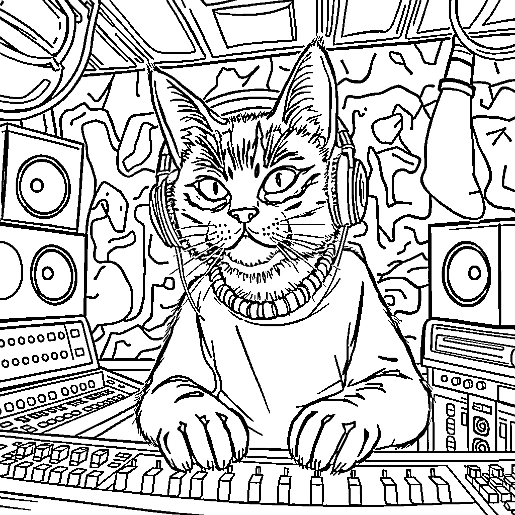 Cat playing music on electronic equipment Coloring Page (free black-and-white line drawing printable PDF for all, from beginners to advanced learners, including children, teens, adults, and seniors)
