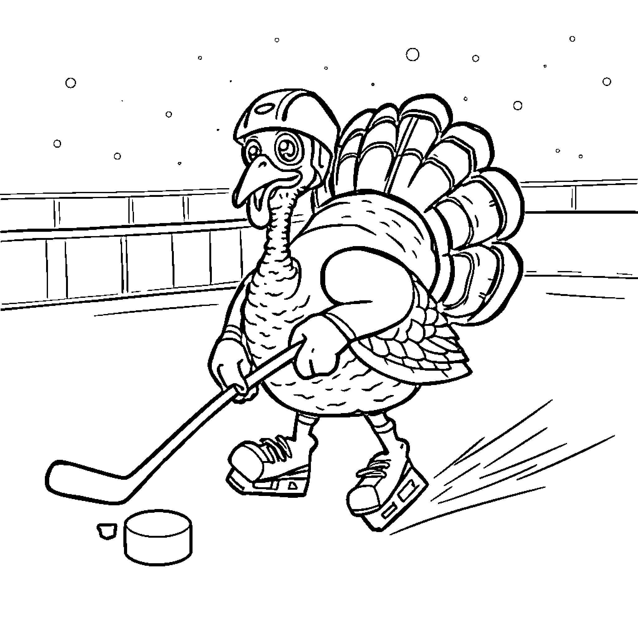 Turkey playing ice hockey on the rink Coloring Page (free black-and-white line drawing printable PDF for all, from beginners to advanced learners, including children, teens, adults, and seniors)