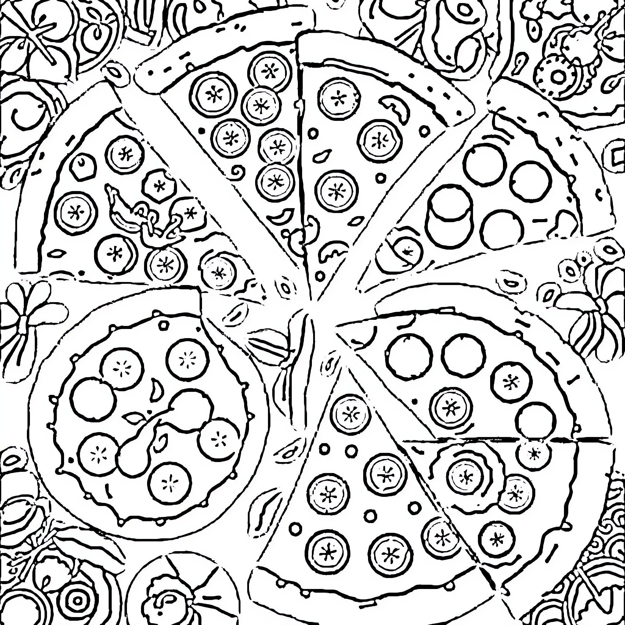 Pizza slices with doodle patterns Coloring Page (free black-and-white line drawing printable PDF for all, from beginners to advanced learners, including children, teens, adults, and seniors)