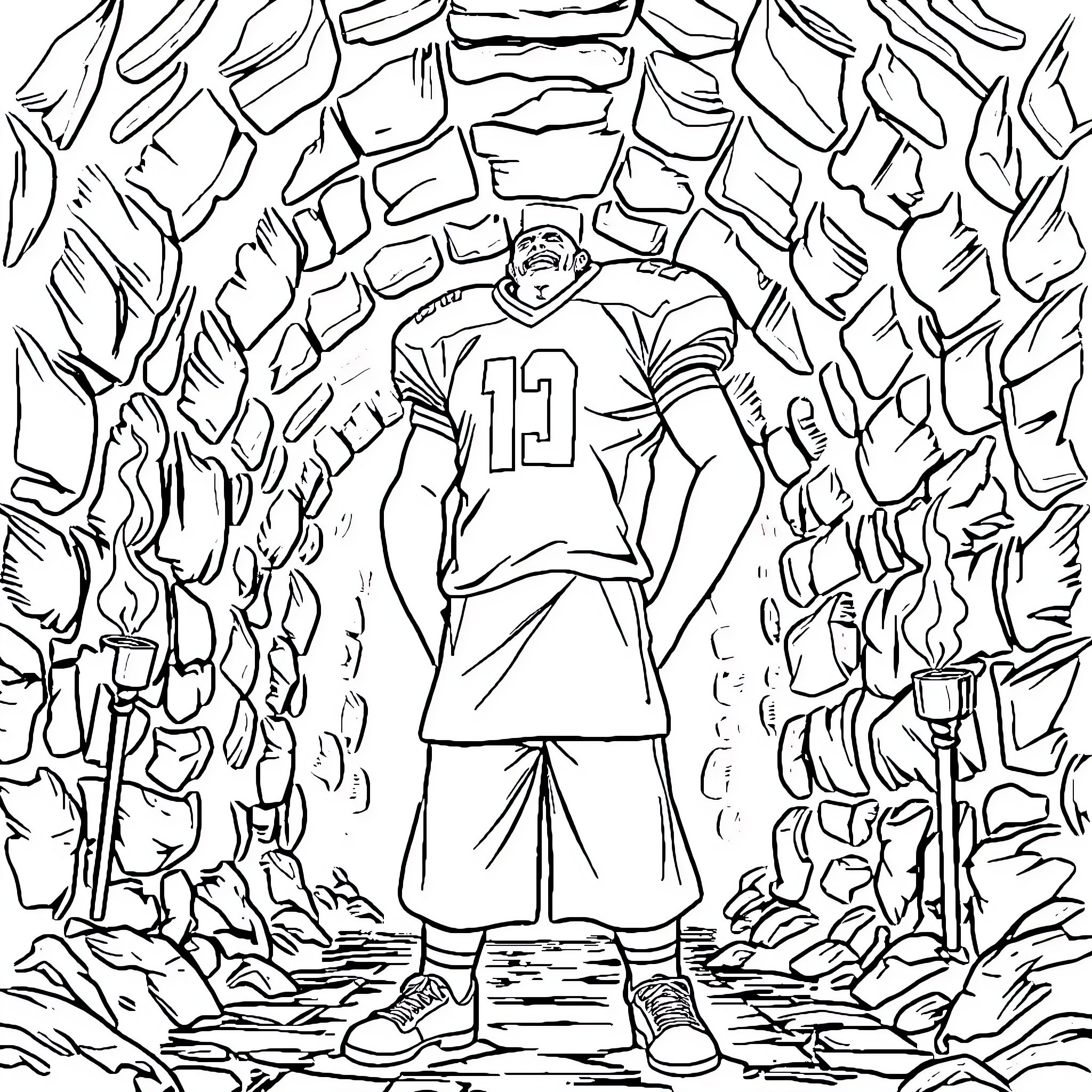 Football Player Emerging From Tunnel Onto Field Coloring Page (free black-and-white line drawing printable PDF for all, from beginners to advanced learners, including children, teens, adults, and seniors)