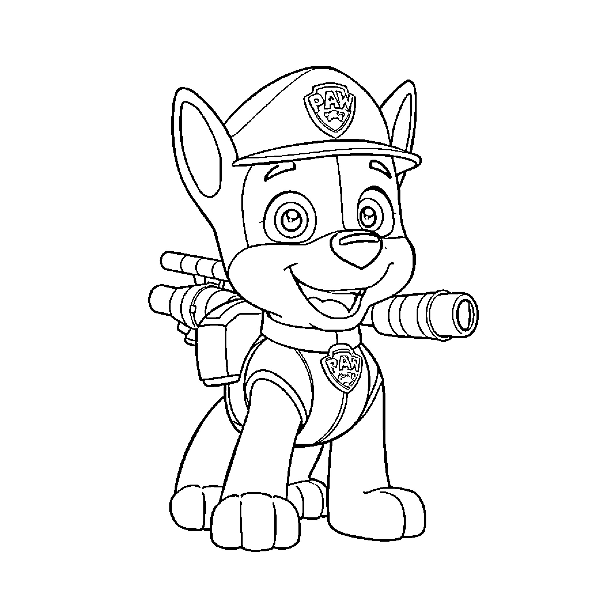 Chase the Puppy Hero's Adventure Coloring Page (free black-and-white line drawing printable PDF for all, from beginners to advanced learners, including children, teens, adults, and seniors)