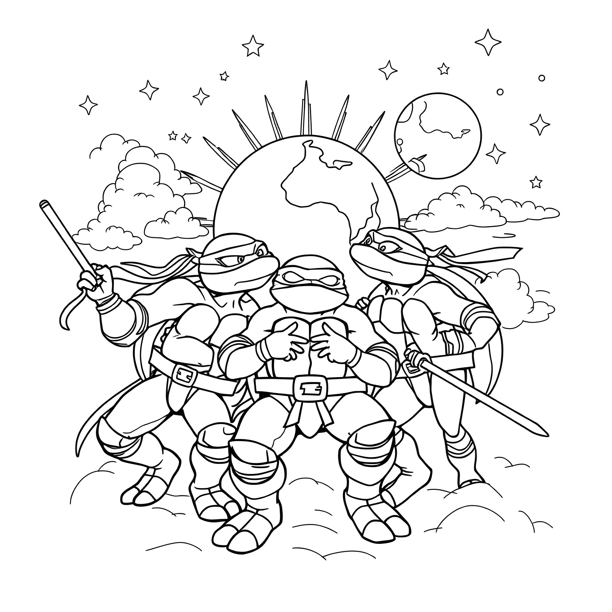 Teenage Mutant Ninja Turtle Adventurers Exploring the World Coloring Page (free black-and-white line drawing printable PDF for all, from beginners to advanced learners, including children, teens, adults, and seniors)