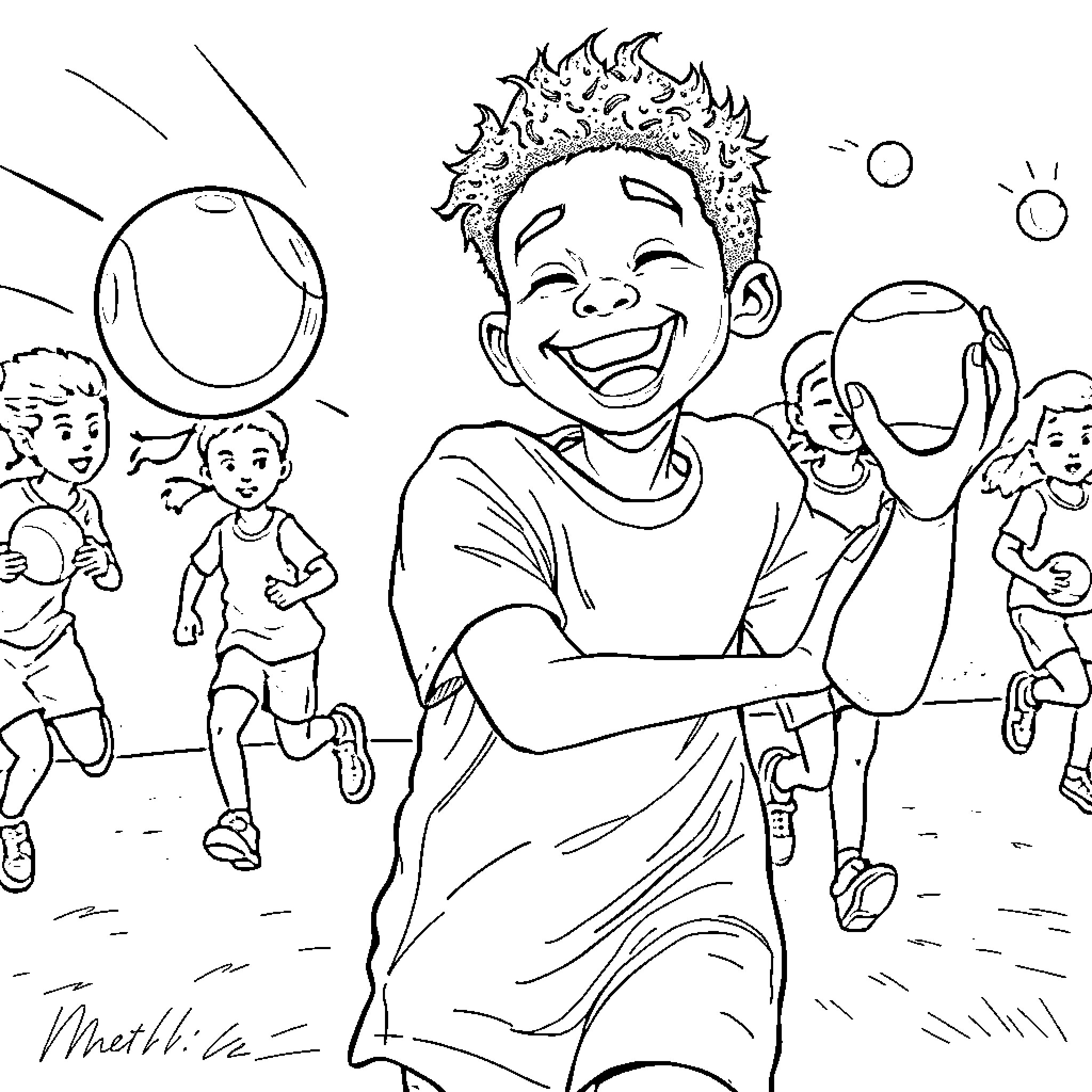 Boy joyfully playing with friends in the sun Coloring Page (free black-and-white line drawing printable PDF for all, from beginners to advanced learners, including children, teens, adults, and seniors)