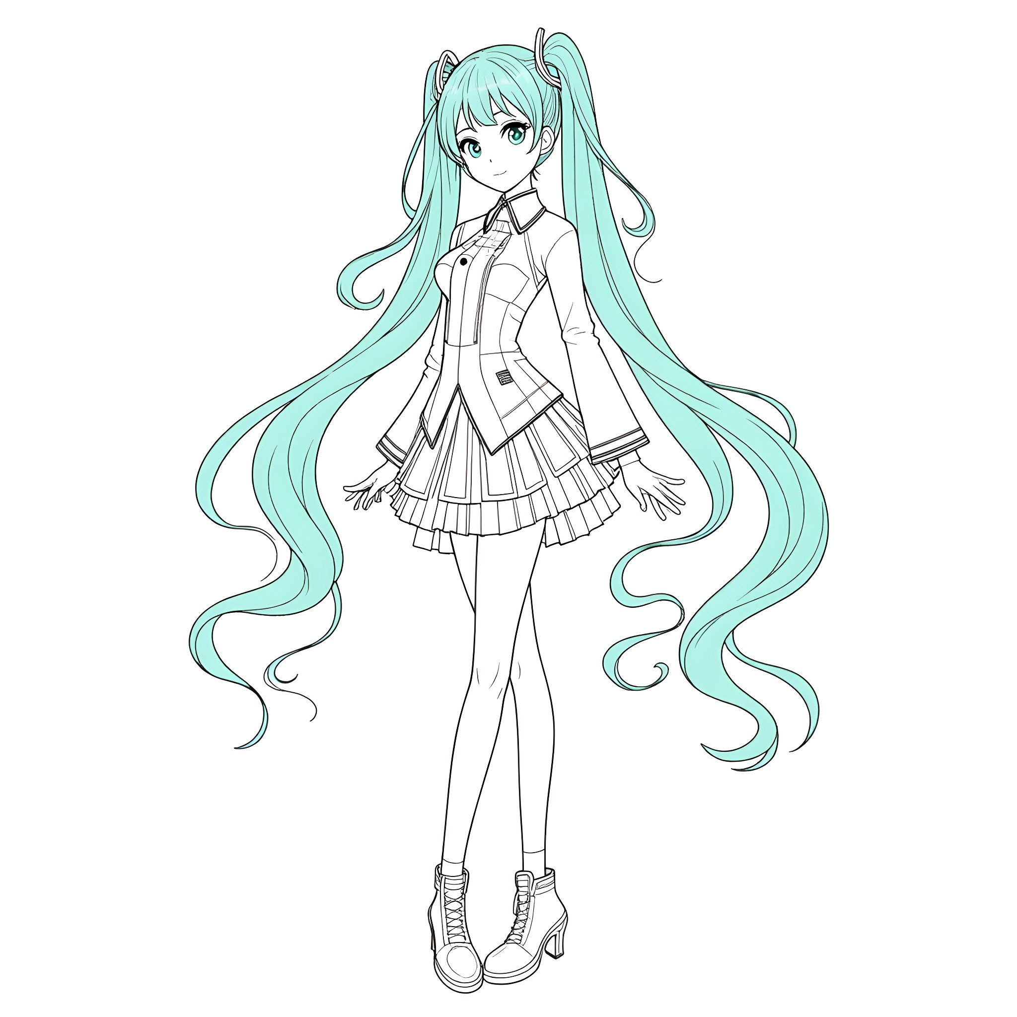 Hatsune Miku in a stylish and whimsical outfit Coloring Page (free black-and-white line drawing printable PDF for all, from beginners to advanced learners, including children, teens, adults, and seniors)