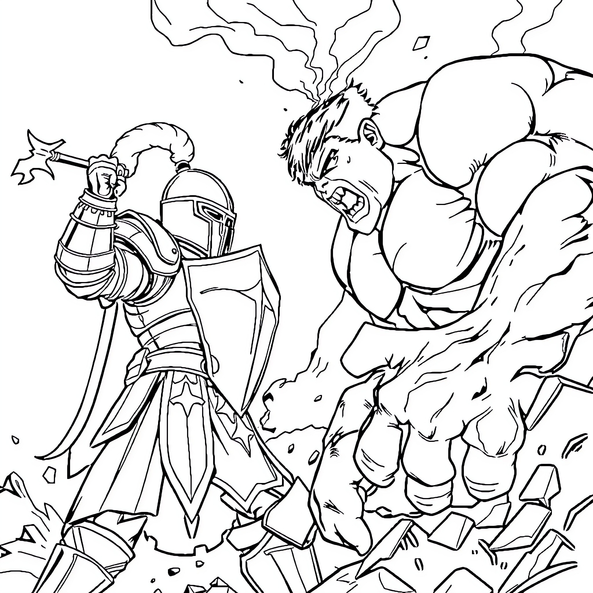 Knight battles a fierce beast in the ruins Coloring Page (free black-and-white line drawing printable PDF for all, from beginners to advanced learners, including children, teens, adults, and seniors)