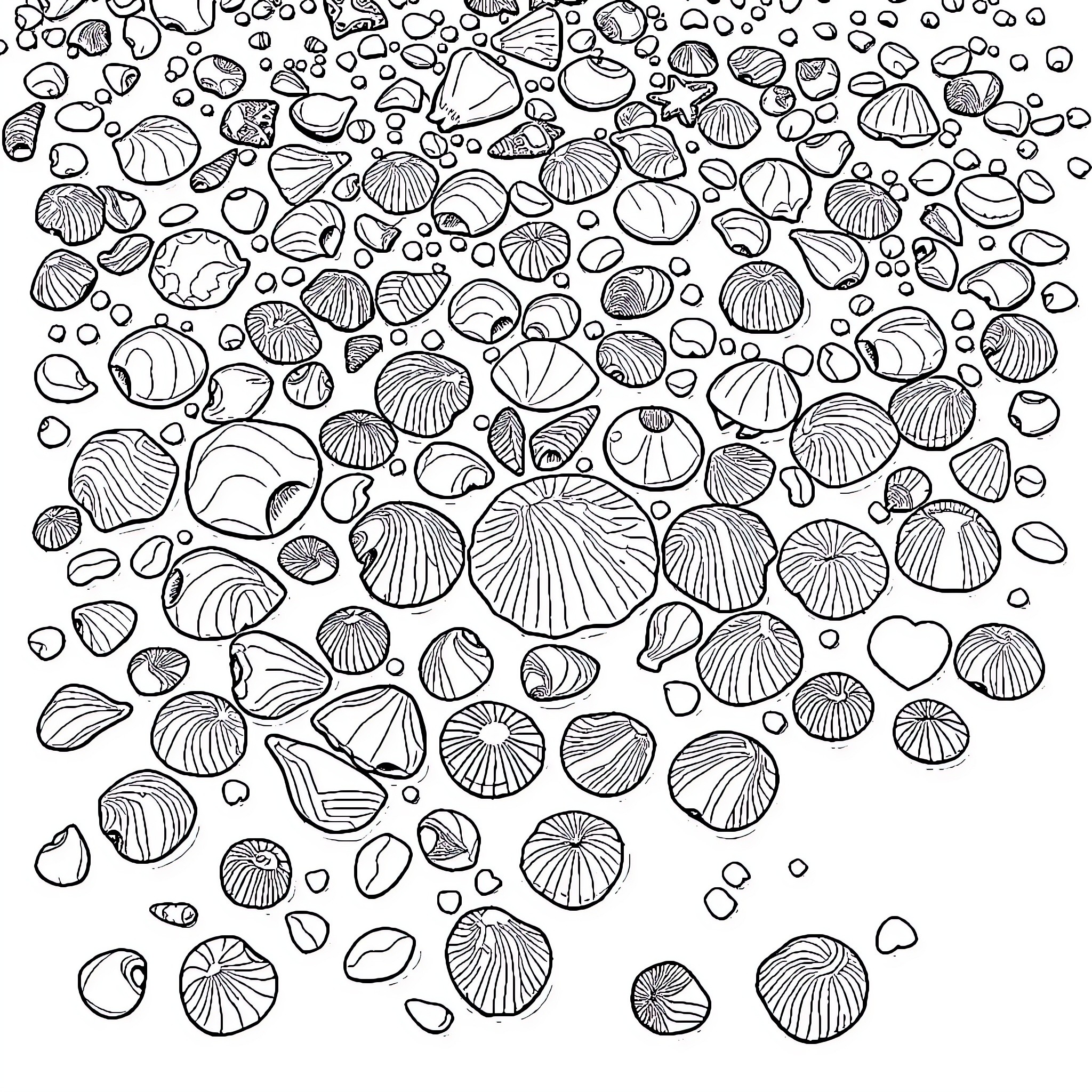 Shell Scattering of Intricate Seashell Designs Coloring Page (free black-and-white line drawing printable PDF for all, from beginners to advanced learners, including children, teens, adults, and seniors)