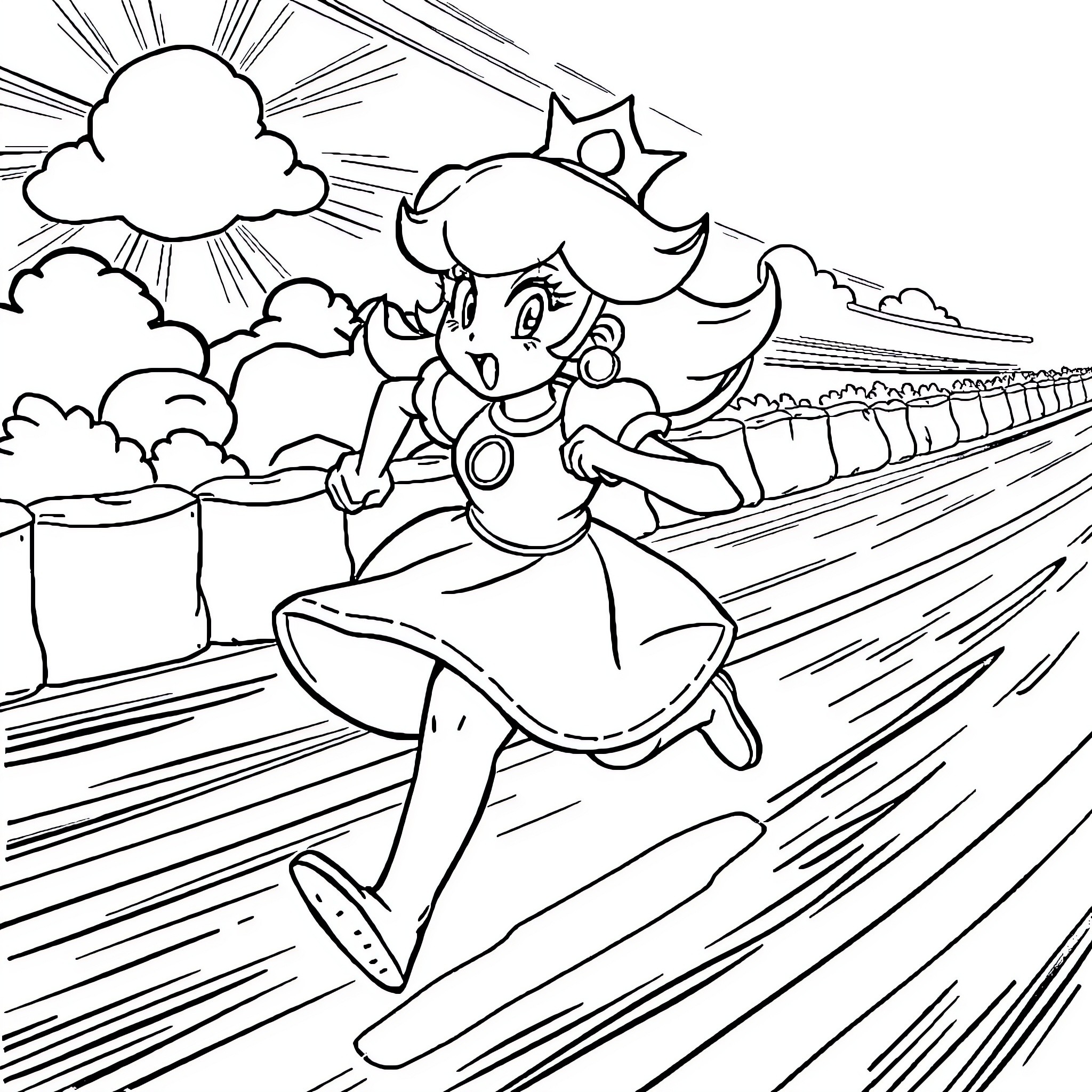 Princess Running Joyfully Through the Landscape Coloring Page (free black-and-white line drawing printable PDF for all, from beginners to advanced learners, including children, teens, adults, and seniors)