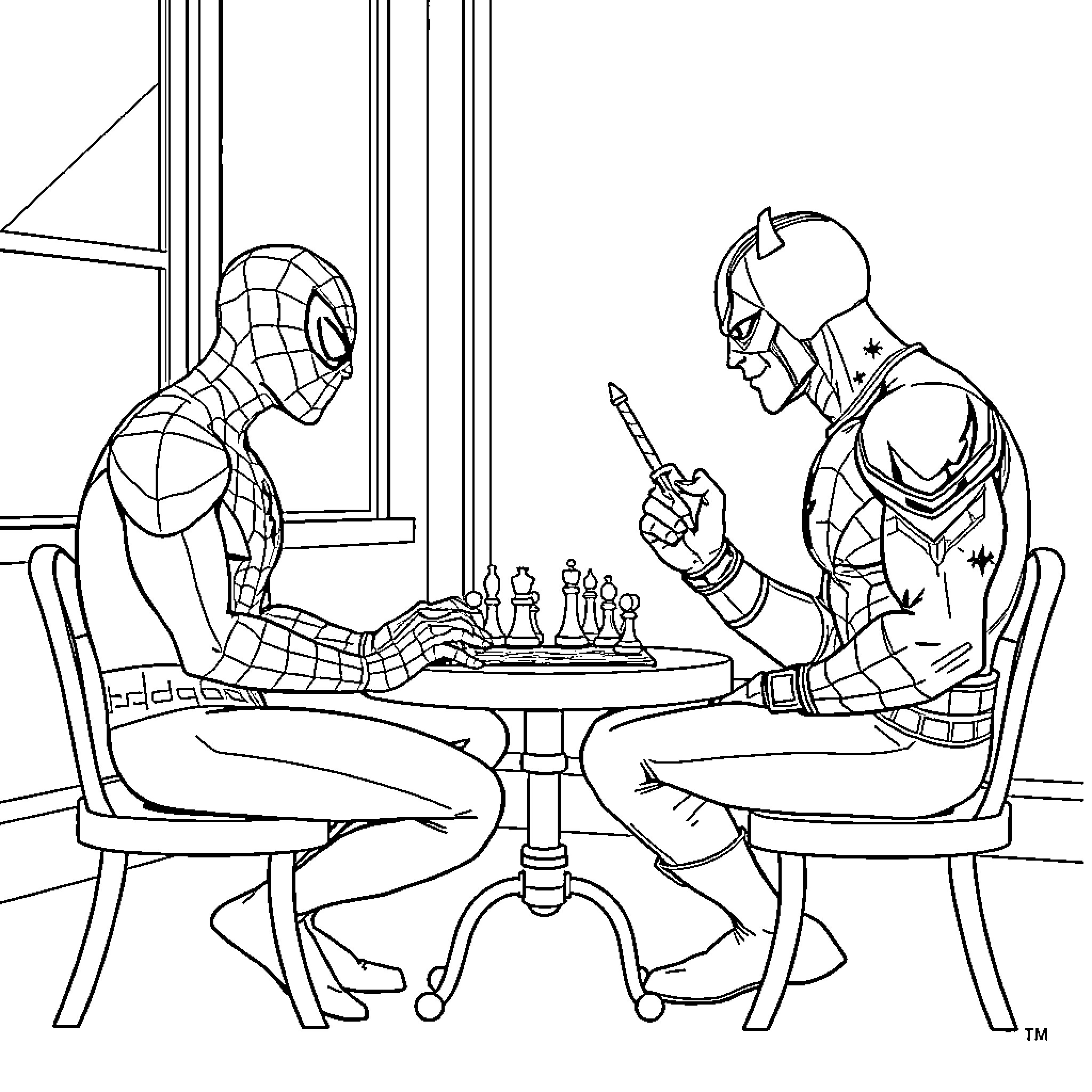 Spider-Man playing chess with a fellow superhero Coloring Page (free black-and-white line drawing printable PDF for all, from beginners to advanced learners, including children, teens, adults, and seniors)