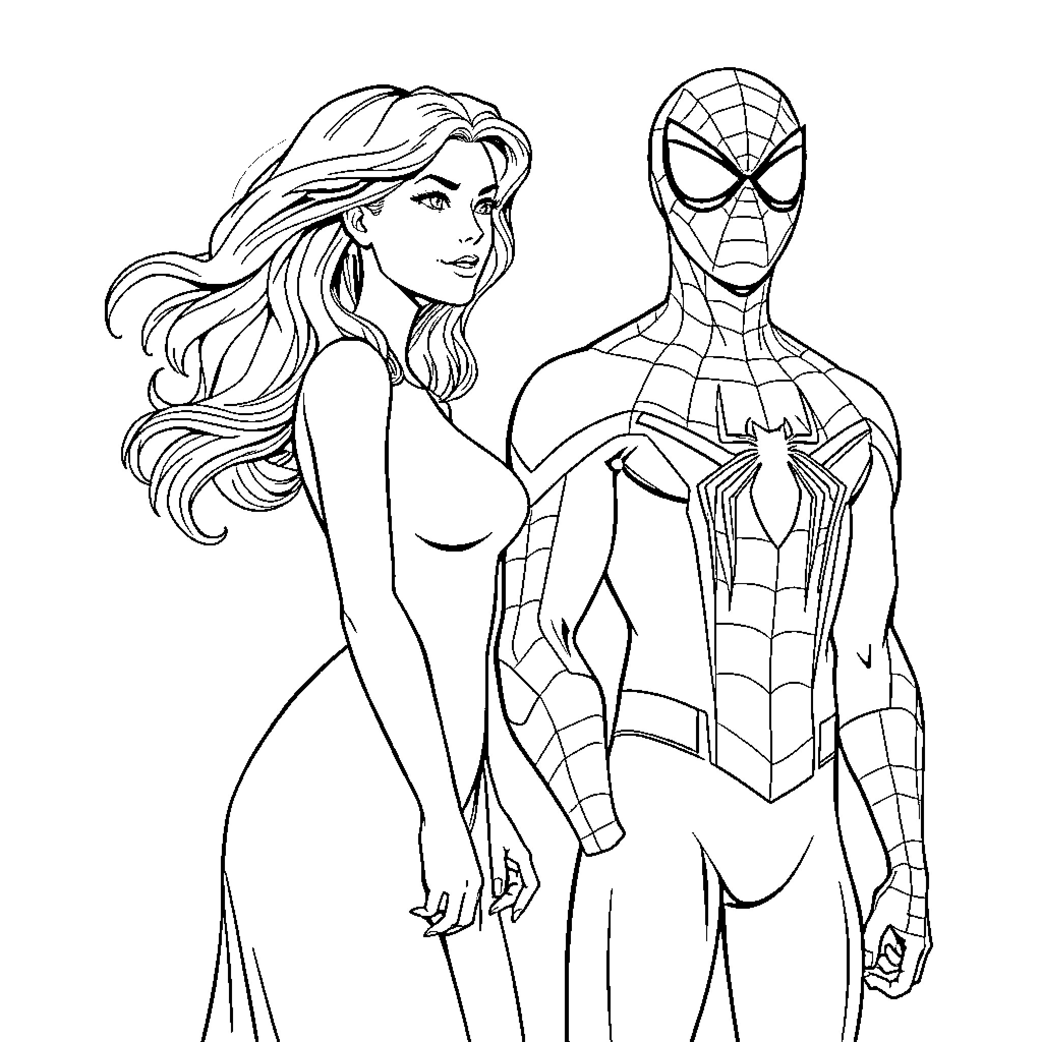 Mary Jane and Spider-Man in action Coloring Page (free black-and-white line drawing printable PDF for all, from beginners to advanced learners, including children, teens, adults, and seniors)