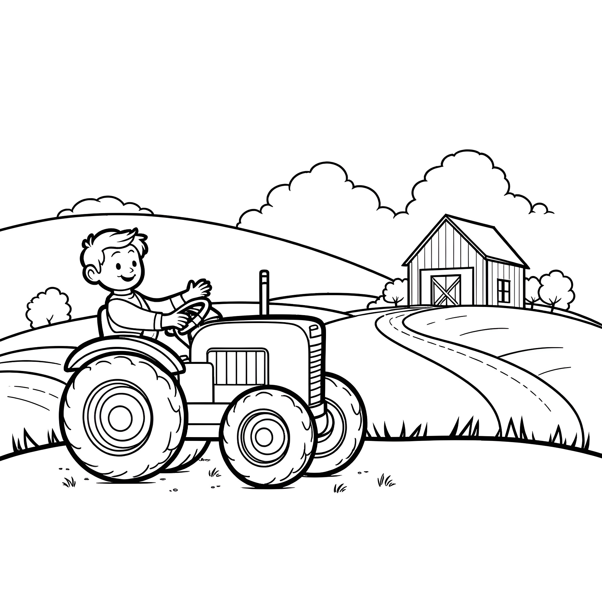 Tractor farming in the countryside Coloring Page (free black-and-white line drawing printable PDF for all, from beginners to advanced learners, including children, teens, adults, and seniors)