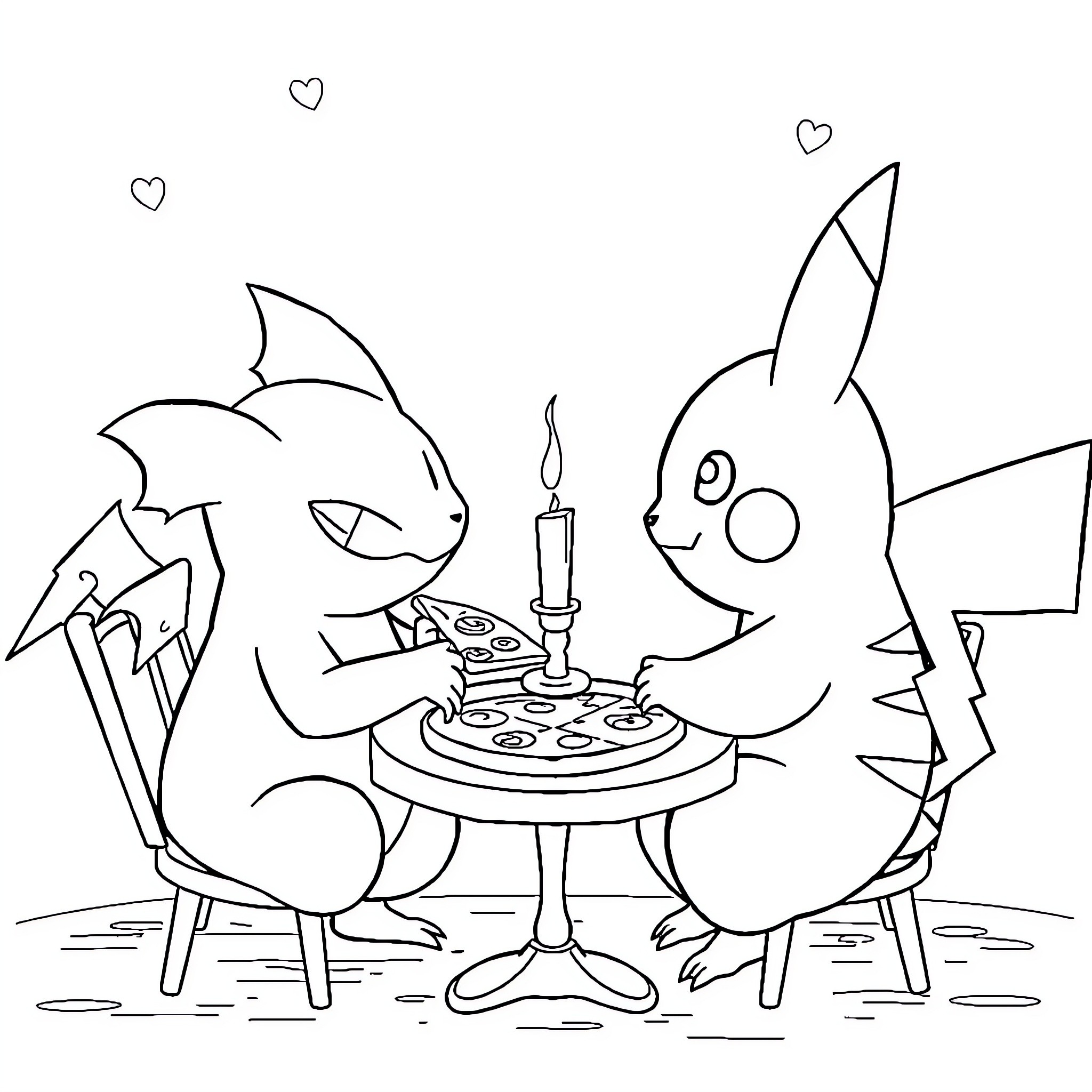 Pikachu Celebrates Birthday with Cake and Friends Coloring Page (free black-and-white line drawing printable PDF for all, from beginners to advanced learners, including children, teens, adults, and seniors)