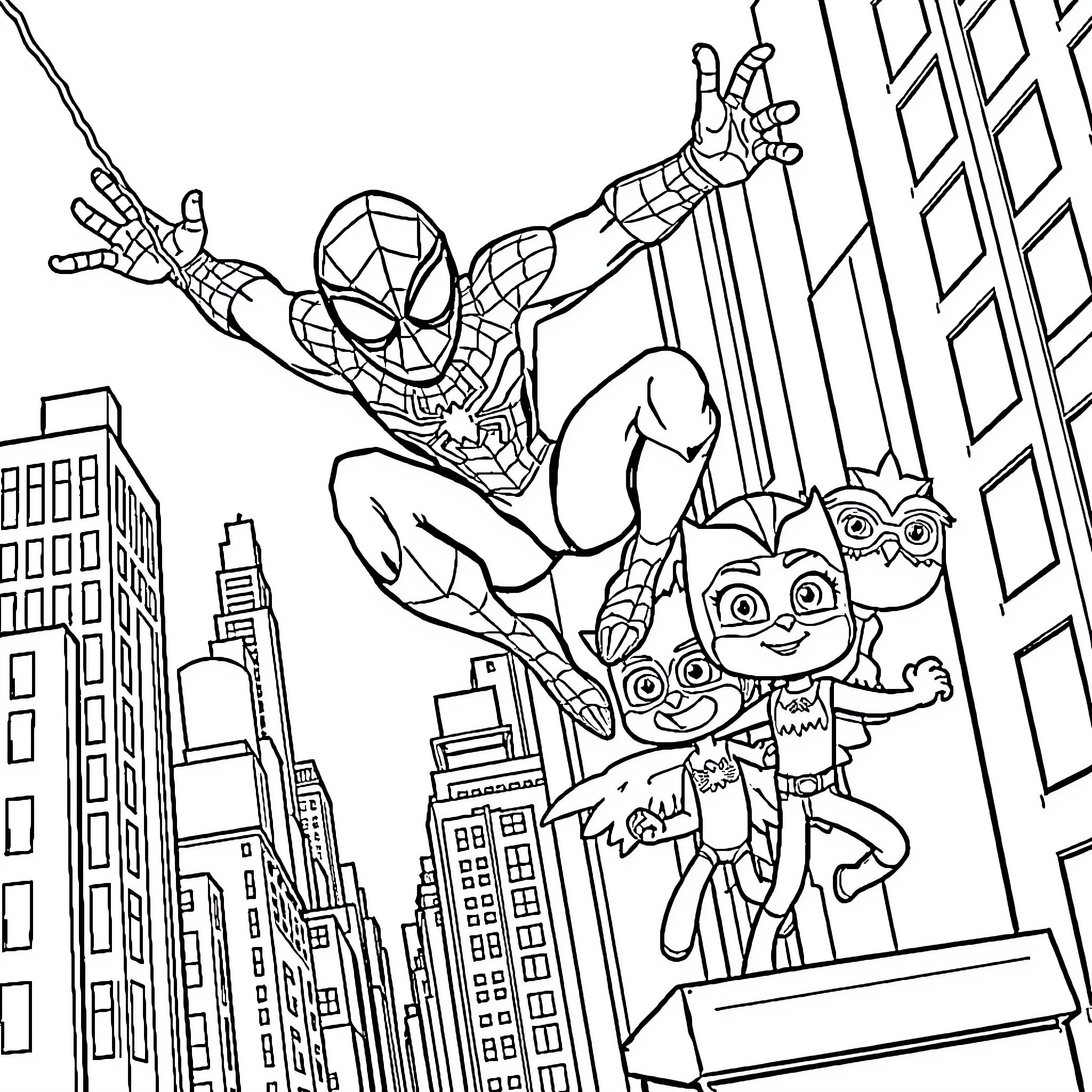 Spider-Man swinging through the city with sidekicks Coloring Page (free black-and-white line drawing printable PDF for all, from beginners to advanced learners, including children, teens, adults, and seniors)
