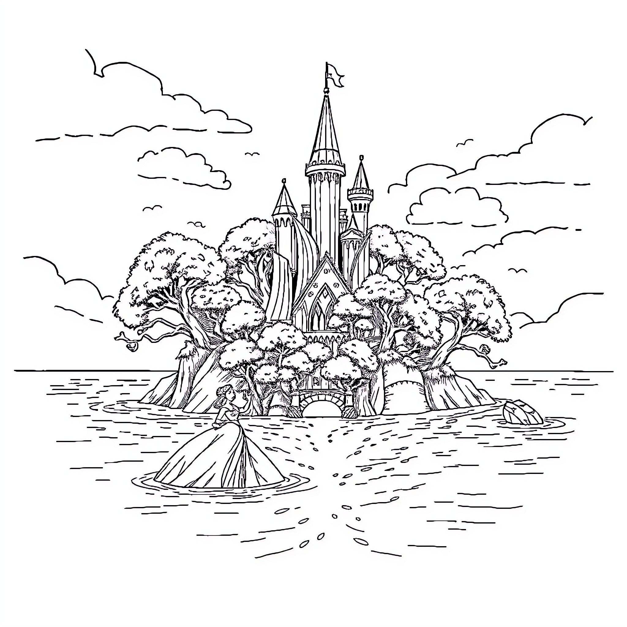 Beauty And The Beast: Enchanted Castle on Tranquil Island Coloring Page (free black-and-white line drawing printable PDF for all, from beginners to advanced learners, including children, teens, adults, and seniors)