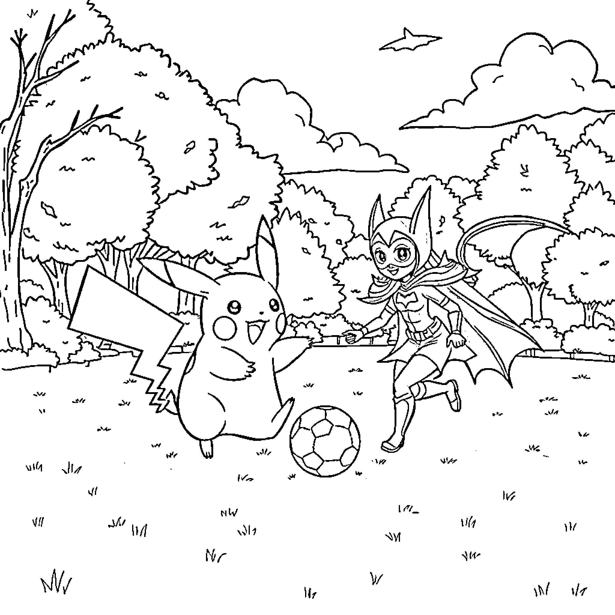 Pikachu playing soccer with a dragon friend in the park Coloring Page (free black-and-white line drawing printable PDF for all, from beginners to advanced learners, including children, teens, adults, and seniors)