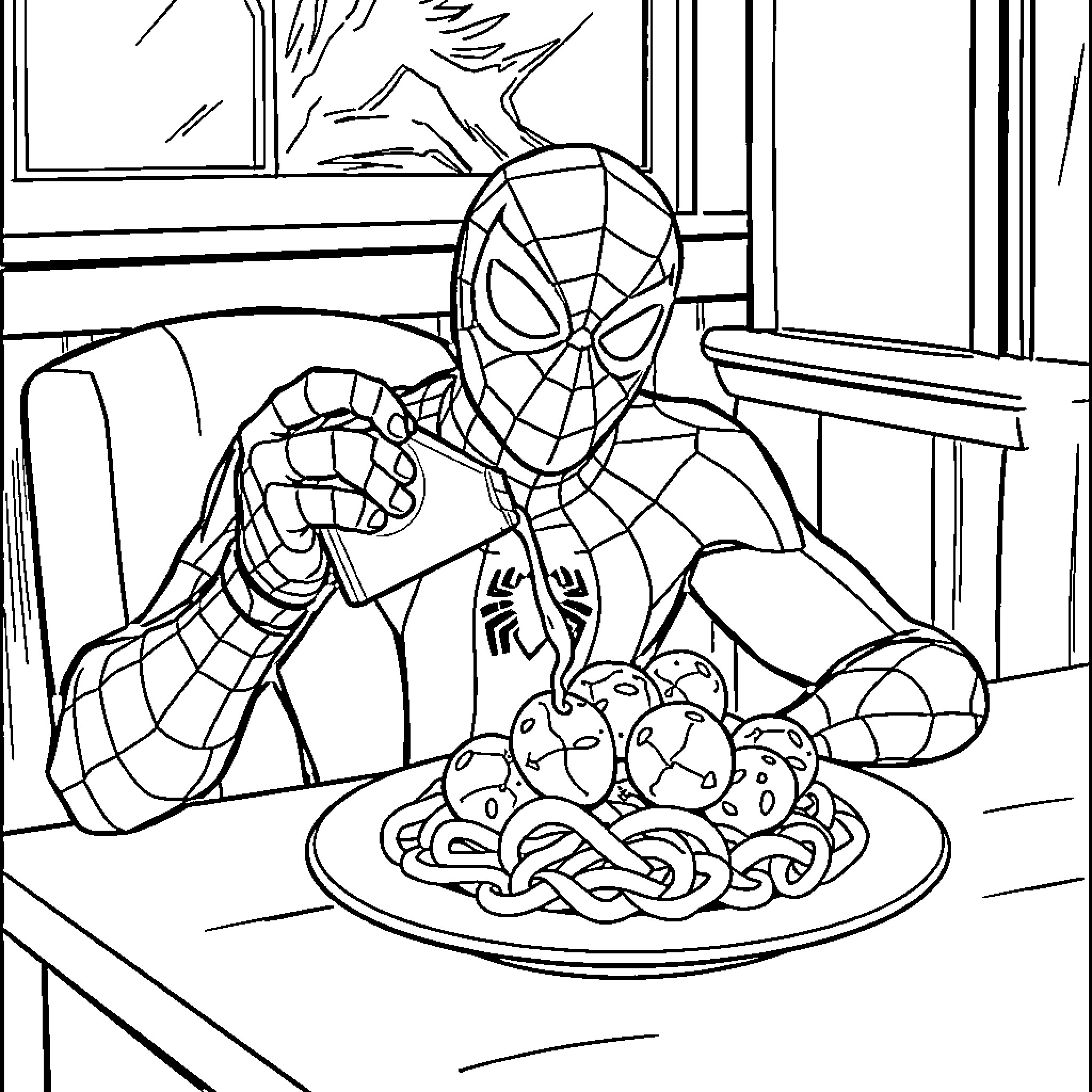 Spiderman enjoying a hearty meal Coloring Page (free black-and-white line drawing printable PDF for all, from beginners to advanced learners, including children, teens, adults, and seniors)