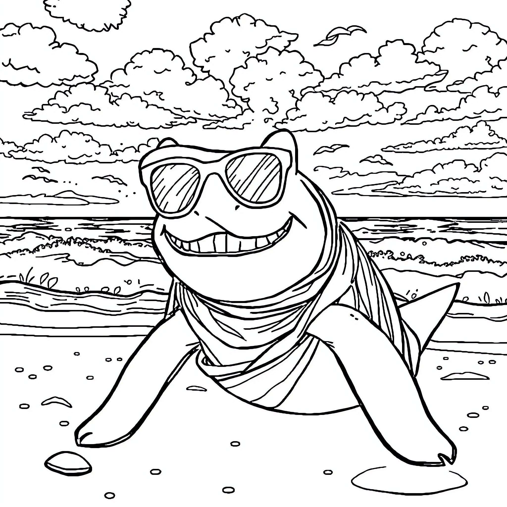 Shark enjoying the beach with sunglasses Coloring Page (free black-and-white line drawing printable PDF for all, from beginners to advanced learners, including children, teens, adults, and seniors)