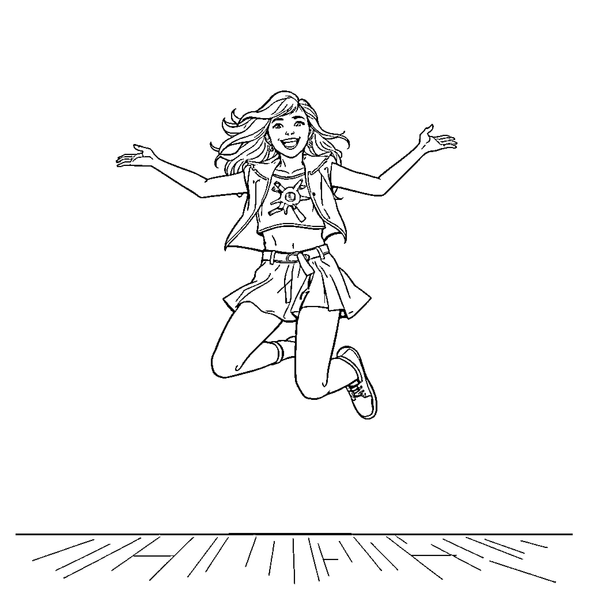 Zoey Guerrera jumping with joy and excitement Coloring Page (free black-and-white line drawing printable PDF for all, from beginners to advanced learners, including children, teens, adults, and seniors)