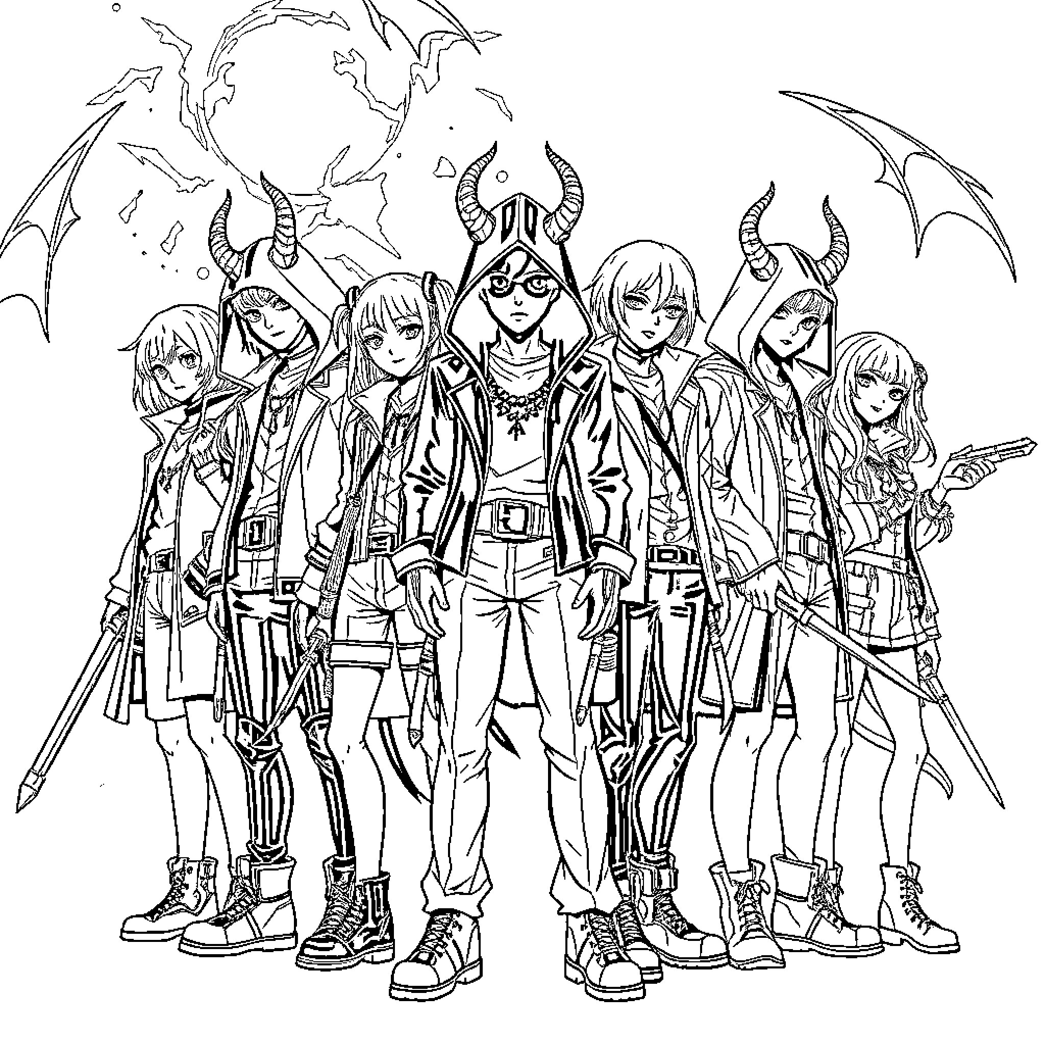 Demon Hunter Team Stands Ready for Battle Coloring Page (free black-and-white line drawing printable PDF for all, from beginners to advanced learners, including children, teens, adults, and seniors)