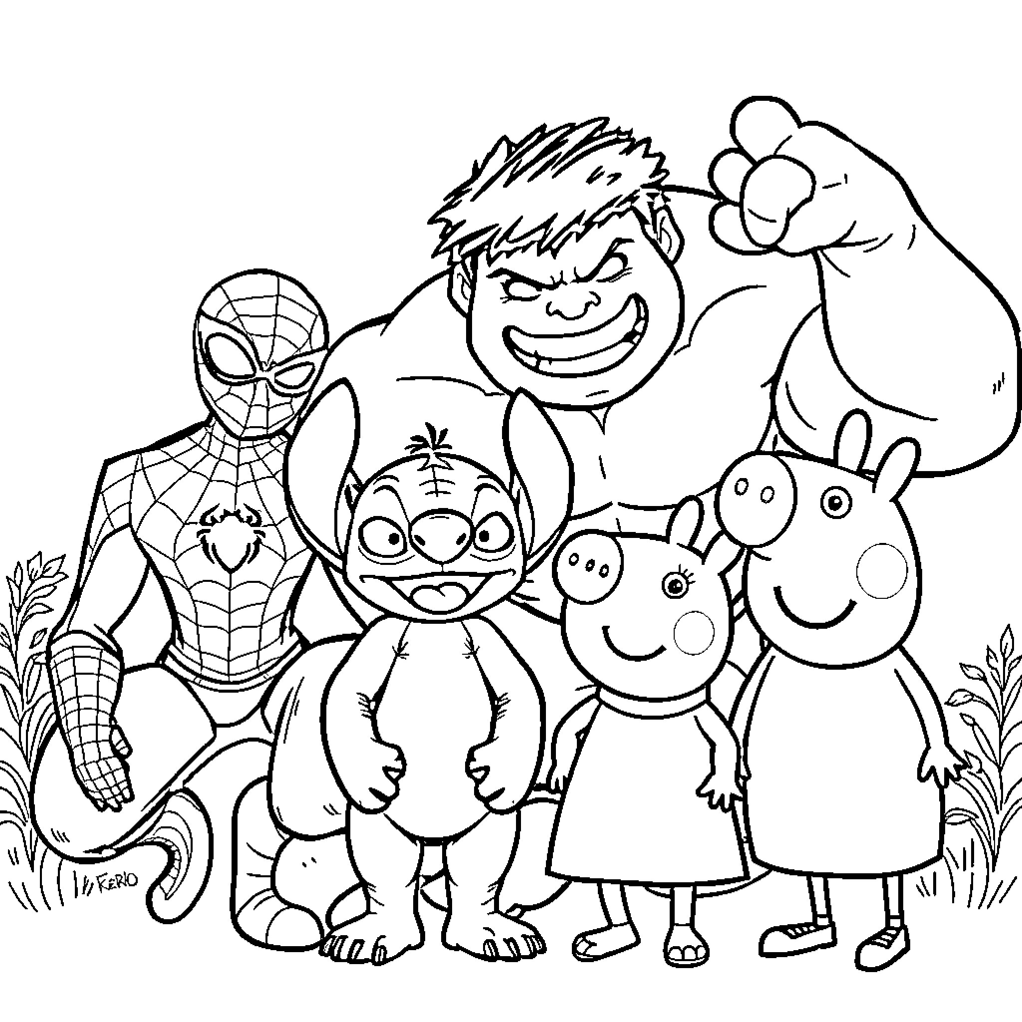 Family Enjoying Cartoon Characters in Nature Coloring Page (free black-and-white line drawing printable PDF for all, from beginners to advanced learners, including children, teens, adults, and seniors)