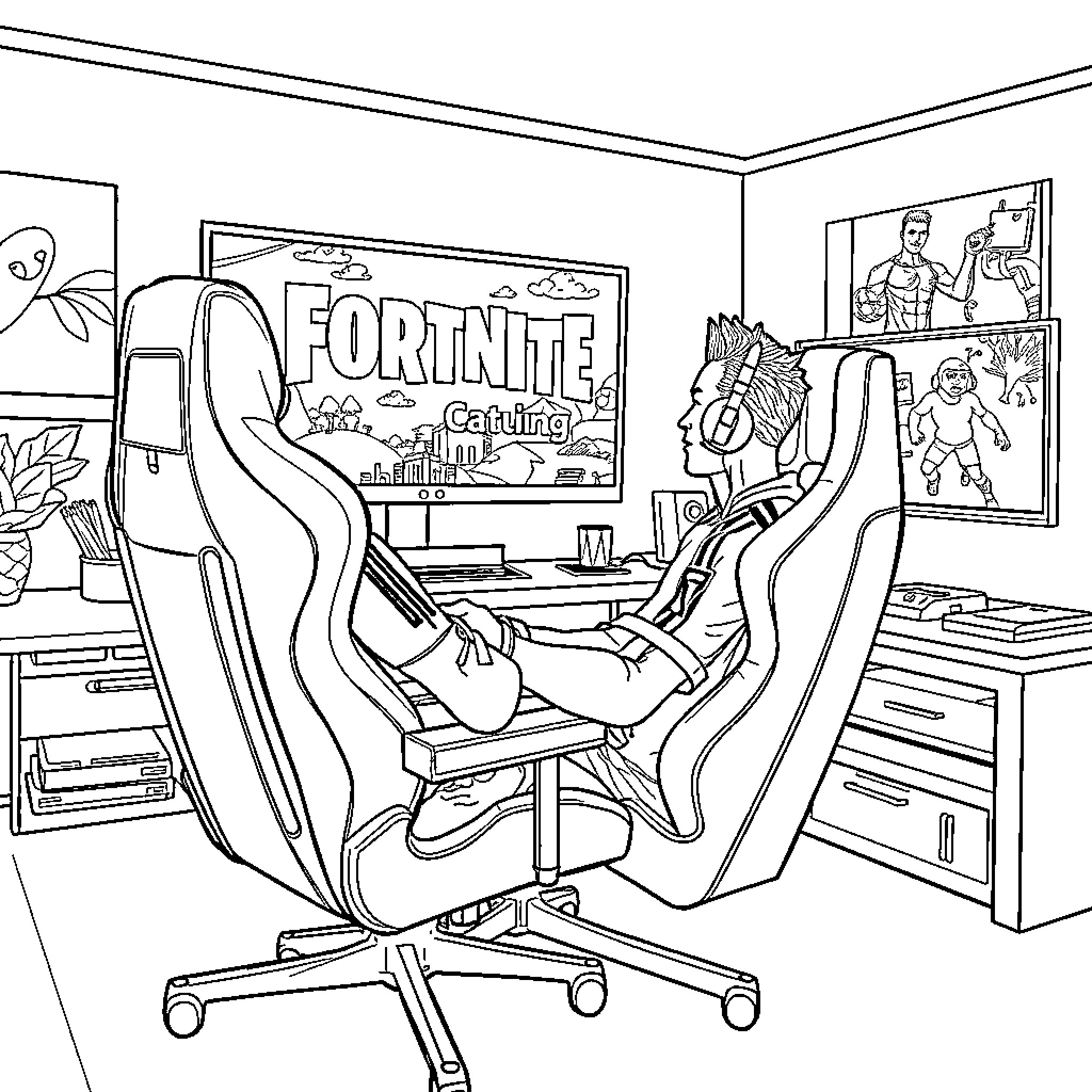Cristiano Ronaldo gaming in a colorful room Coloring Page (free black-and-white line drawing printable PDF for all, from beginners to advanced learners, including children, teens, adults, and seniors)