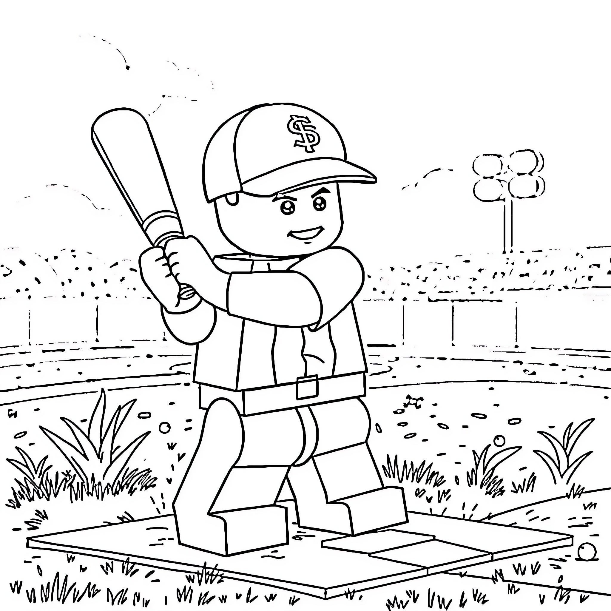 Lego Man Playing Baseball on the Field Coloring Page (free black-and-white line drawing printable PDF for all, from beginners to advanced learners, including children, teens, adults, and seniors)