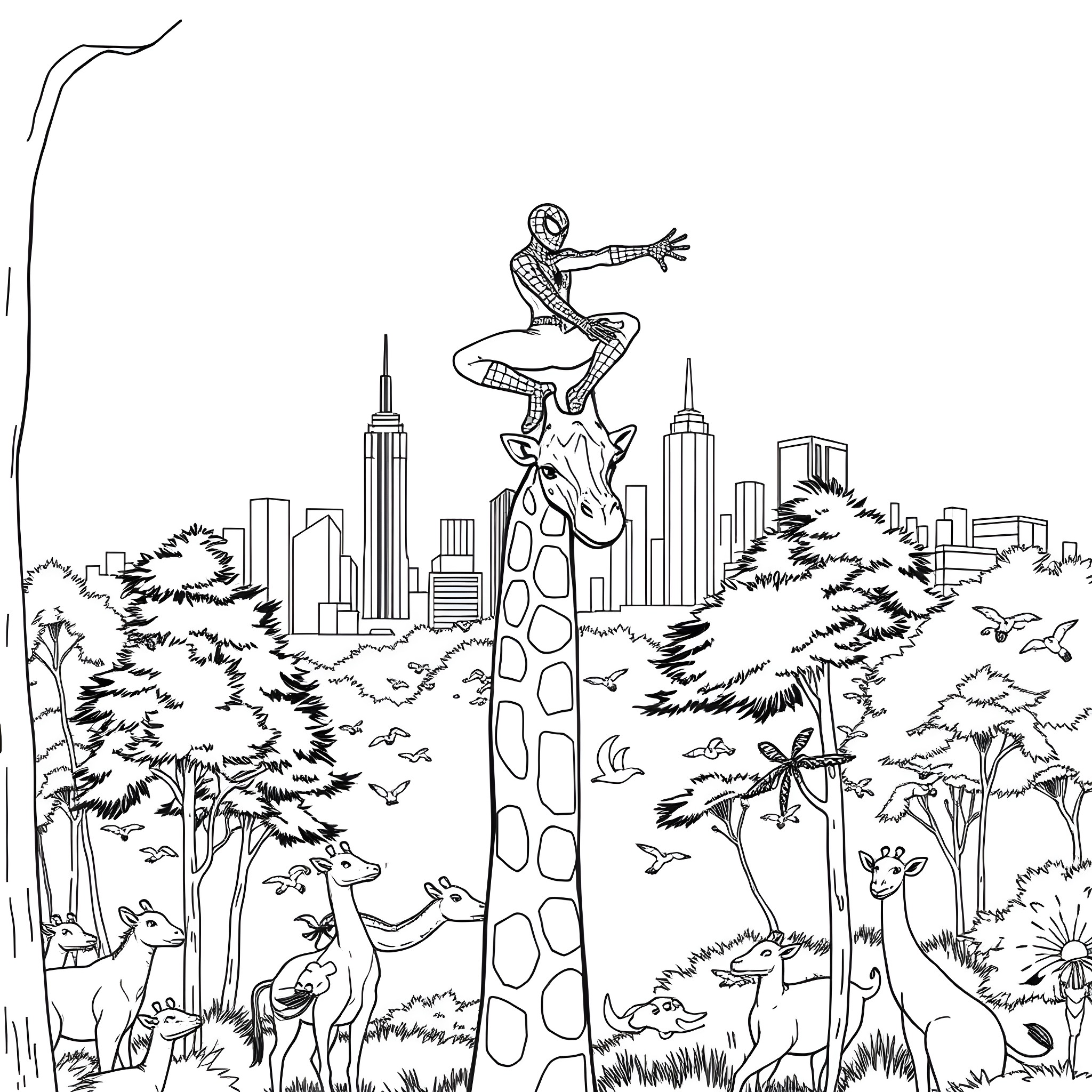 Spiderman swinging through the urban jungle Coloring Page (free black-and-white line drawing printable PDF for all, from beginners to advanced learners, including children, teens, adults, and seniors)