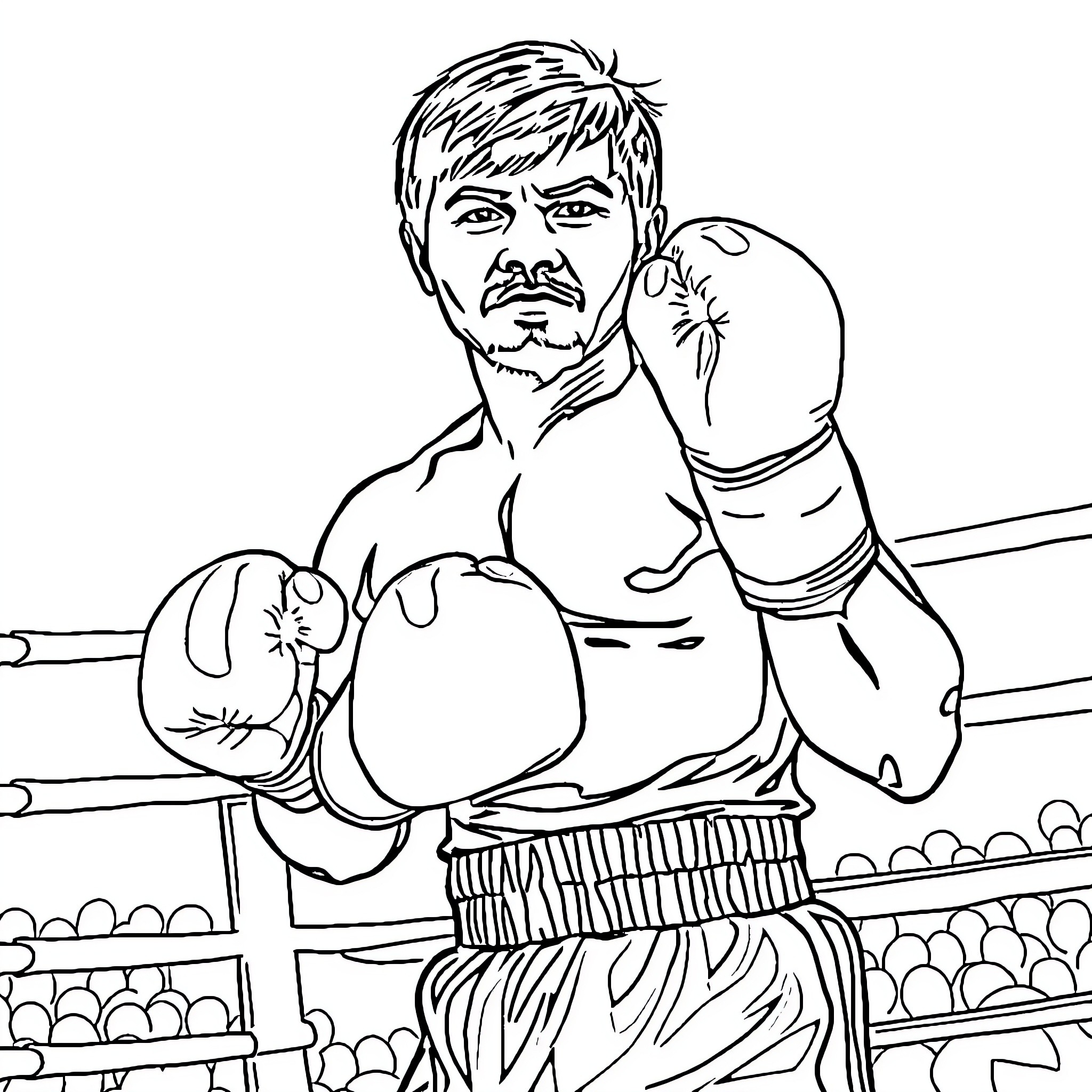 Manny Pacquiao Boxer in the Ring Coloring Page (free black-and-white line drawing printable PDF for all, from beginners to advanced learners, including children, teens, adults, and seniors)