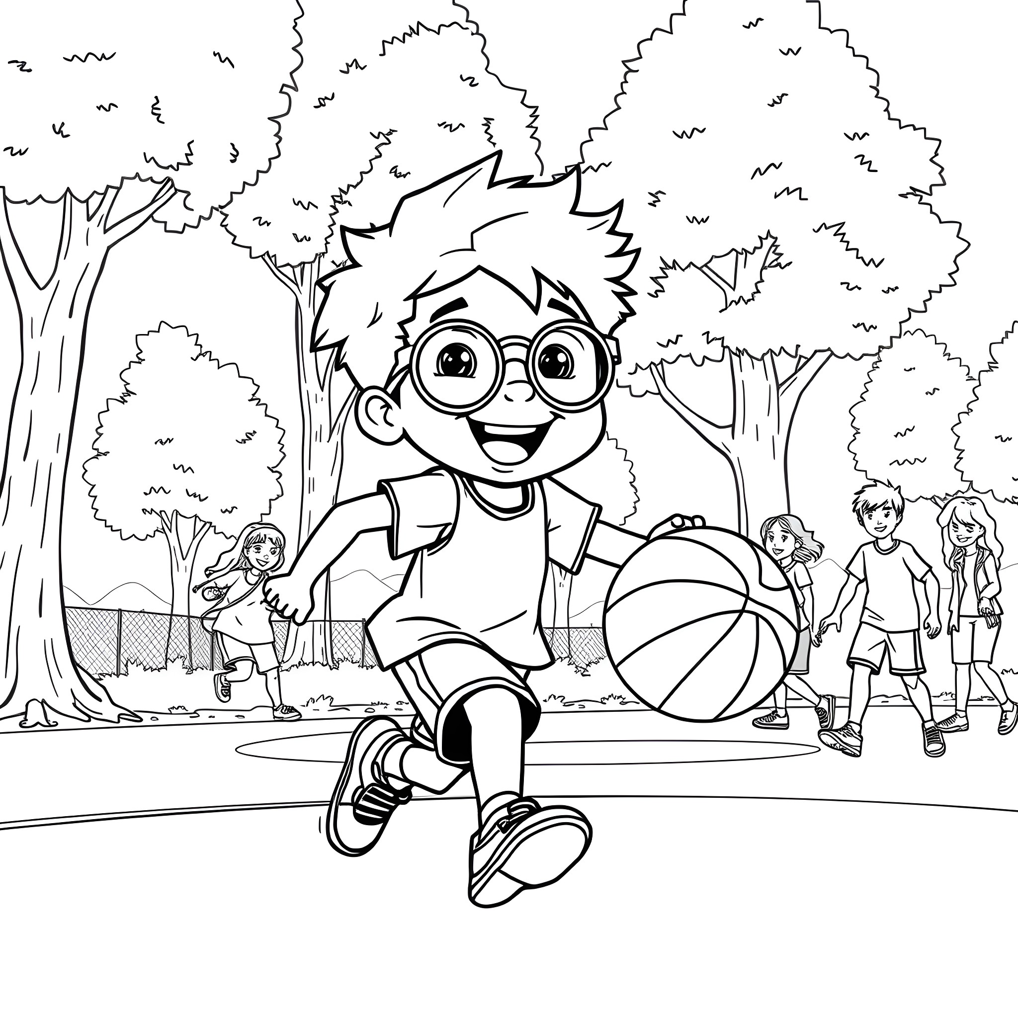 Kid playing joyfully with ball in the park Coloring Page (free black-and-white line drawing printable PDF for all, from beginners to advanced learners, including children, teens, adults, and seniors)