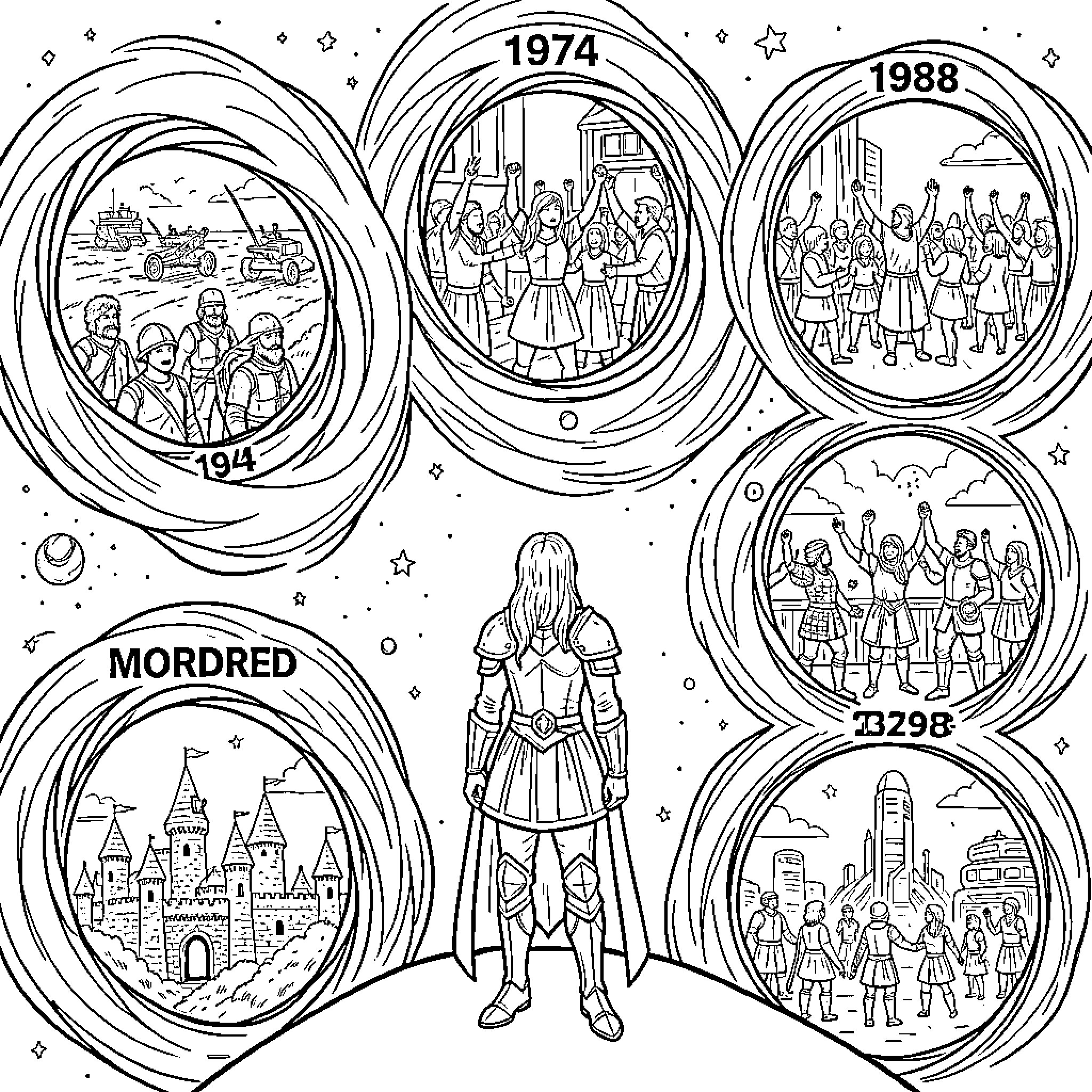 Mordred observing various historical scenes through celestial portals Coloring Page (free black-and-white line drawing printable PDF for all, from beginners to advanced learners, including children, teens, adults, and seniors)